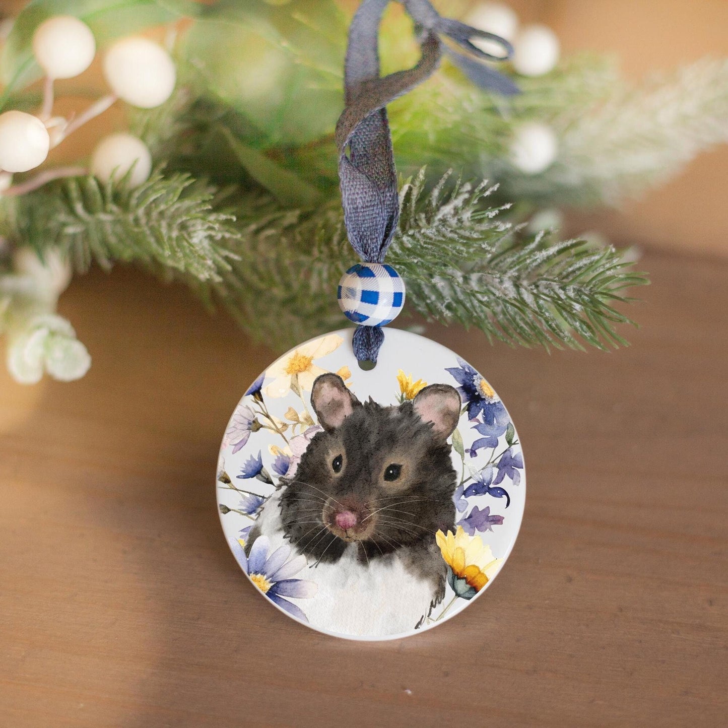 black and white hamster ceramic ornament