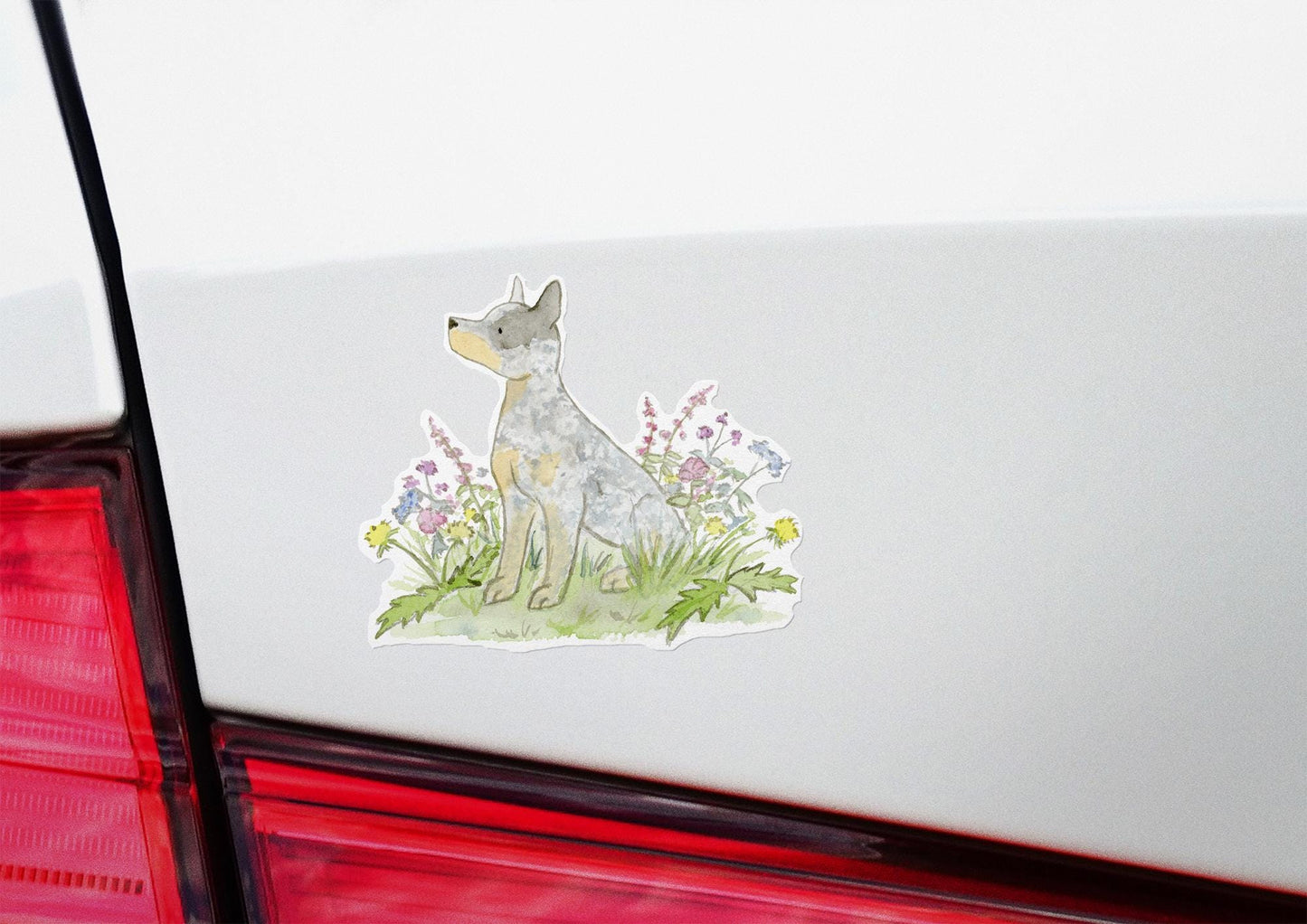 Blue heeler and flowers waterproof sticker on car