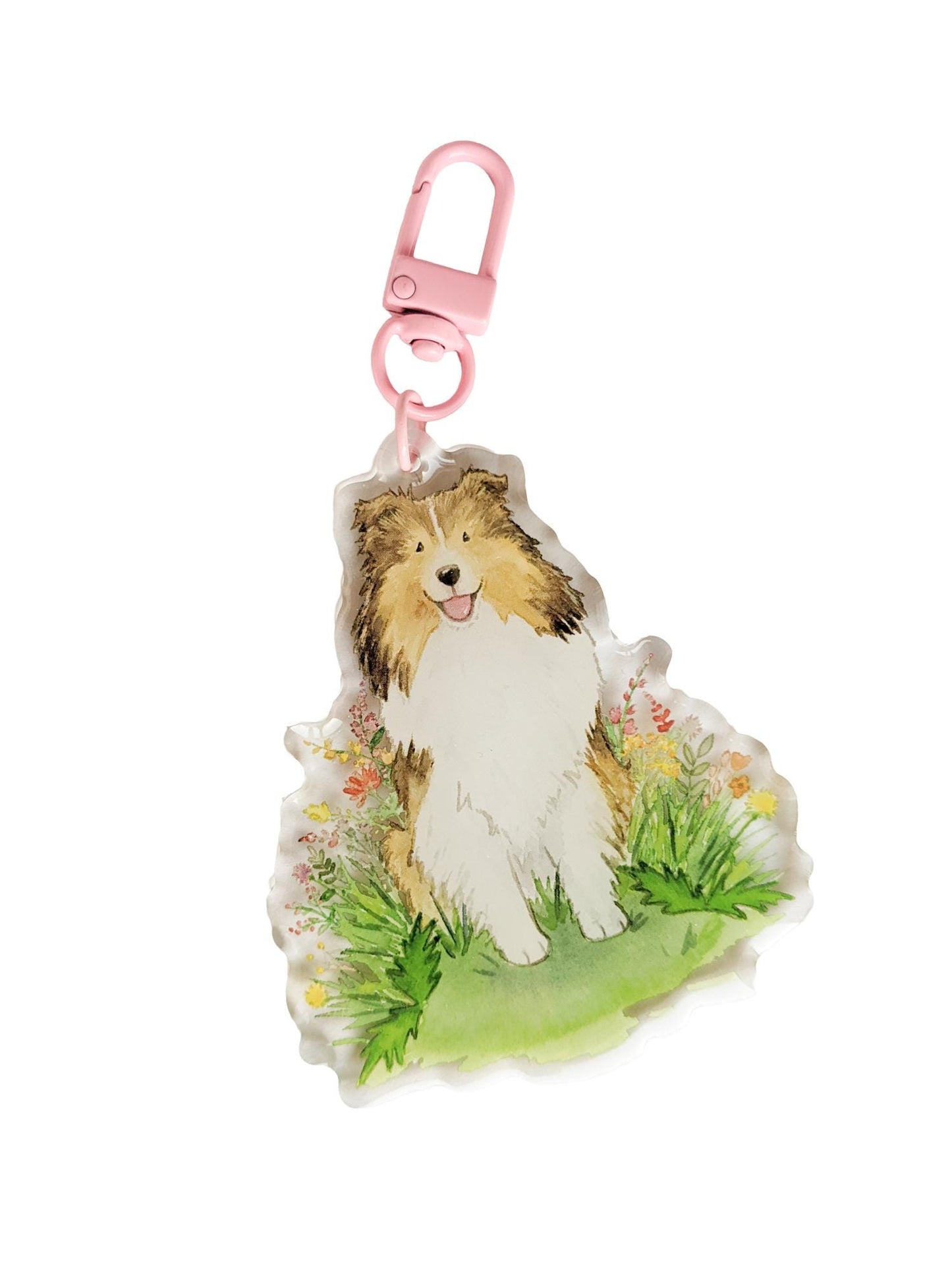 Sable shetland sheepdog withflowers acrylic keychain