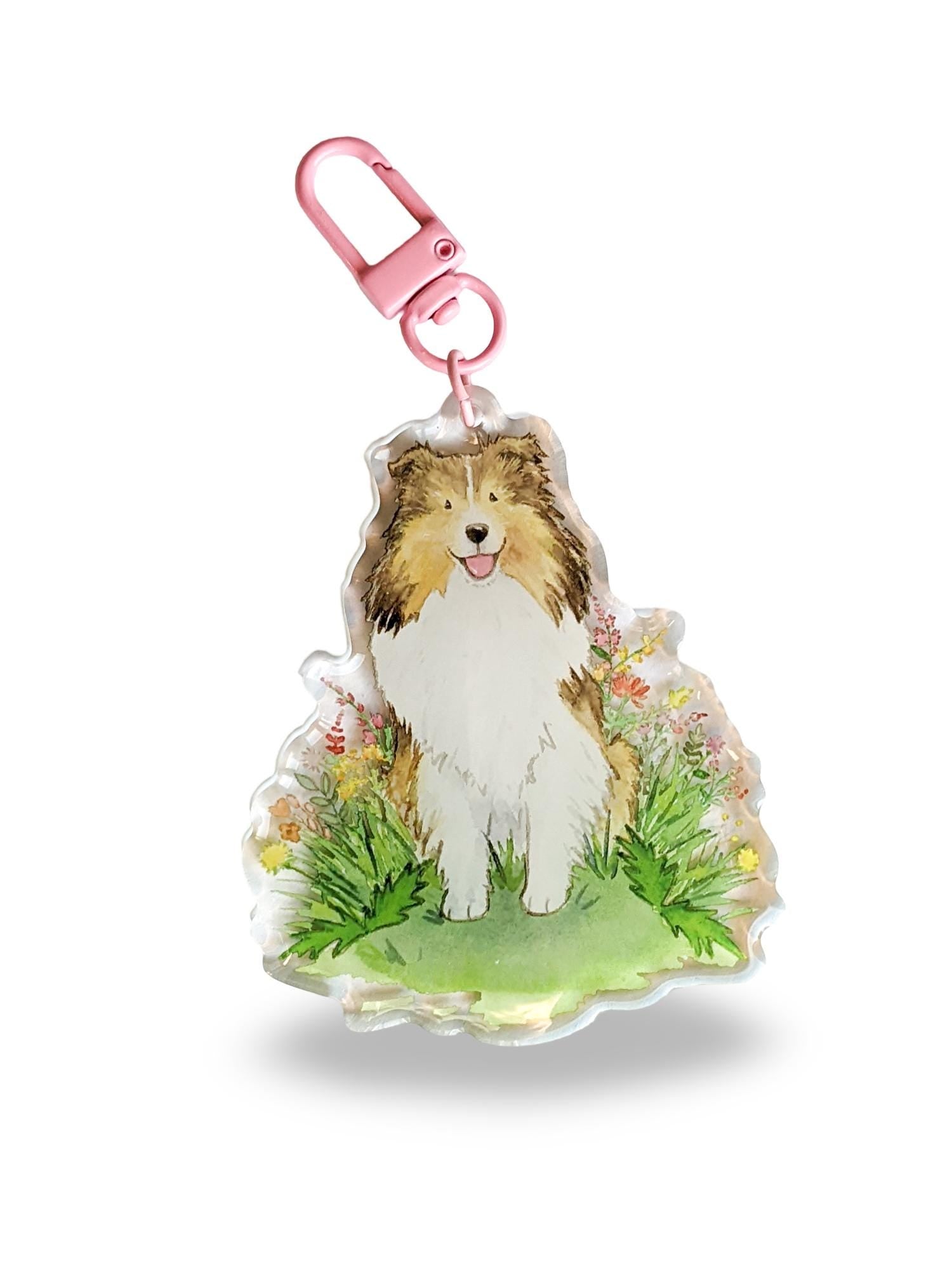 Sable shetland sheepdog withflowers acrylic keychain