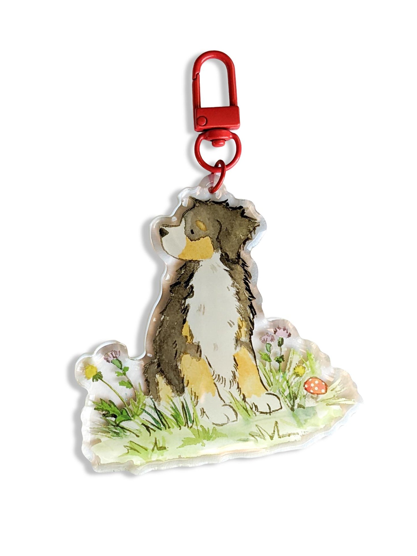 acrylic bernese mountain dog with flowers keychain