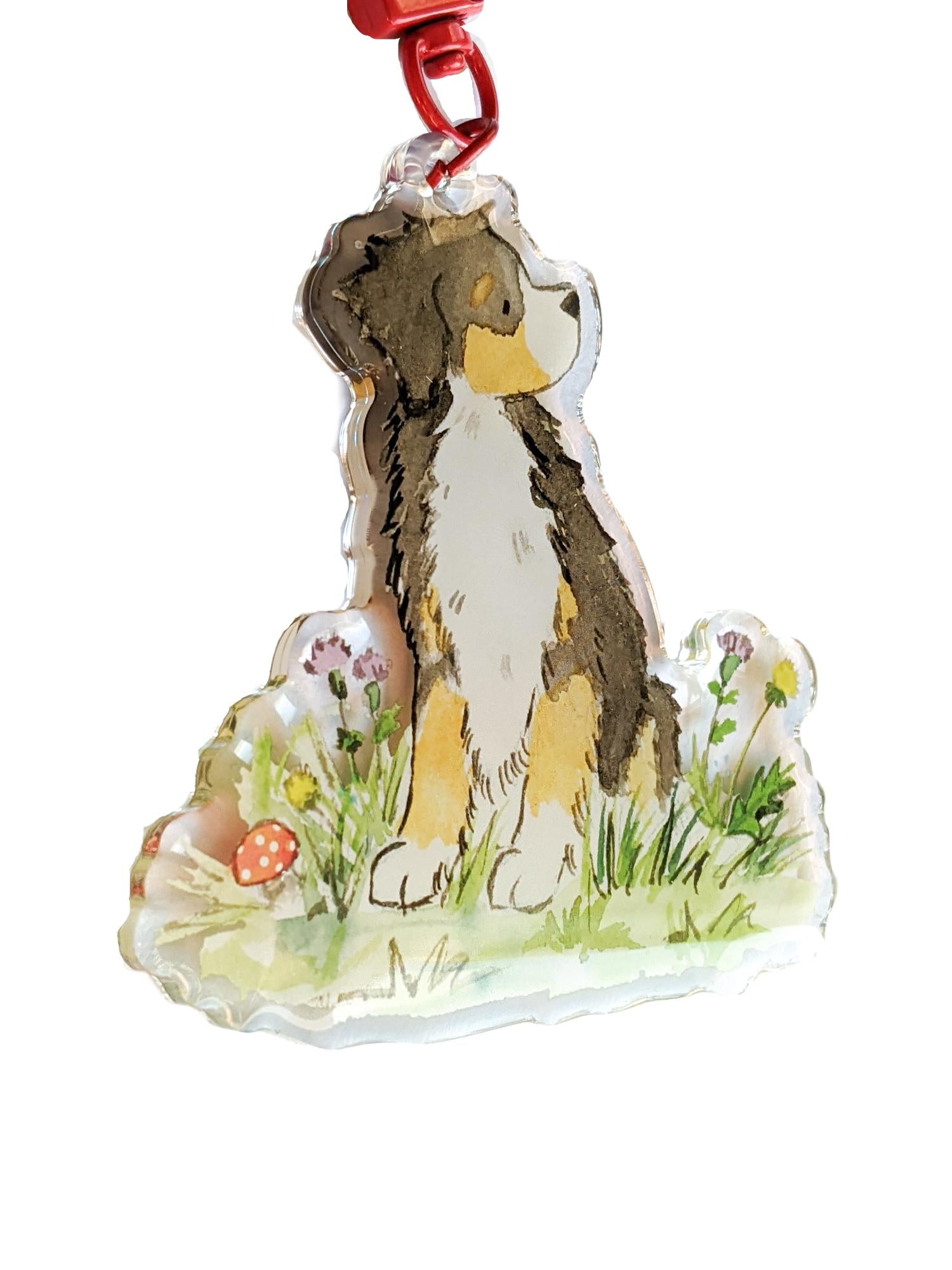 acrylic bernese mountain dog with flowers keychain