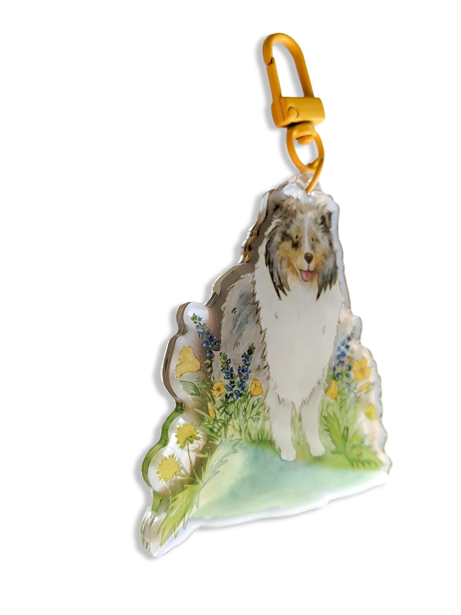 blue merle sheltie and flowers acrylic keychain