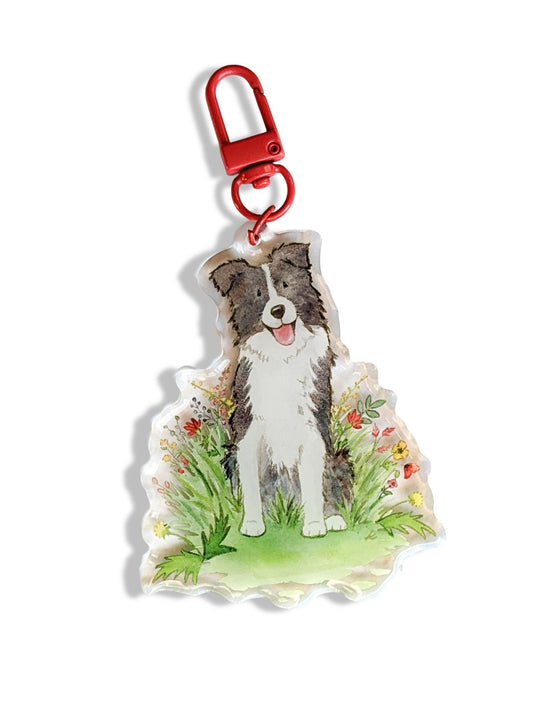 border collie with flowers keychain