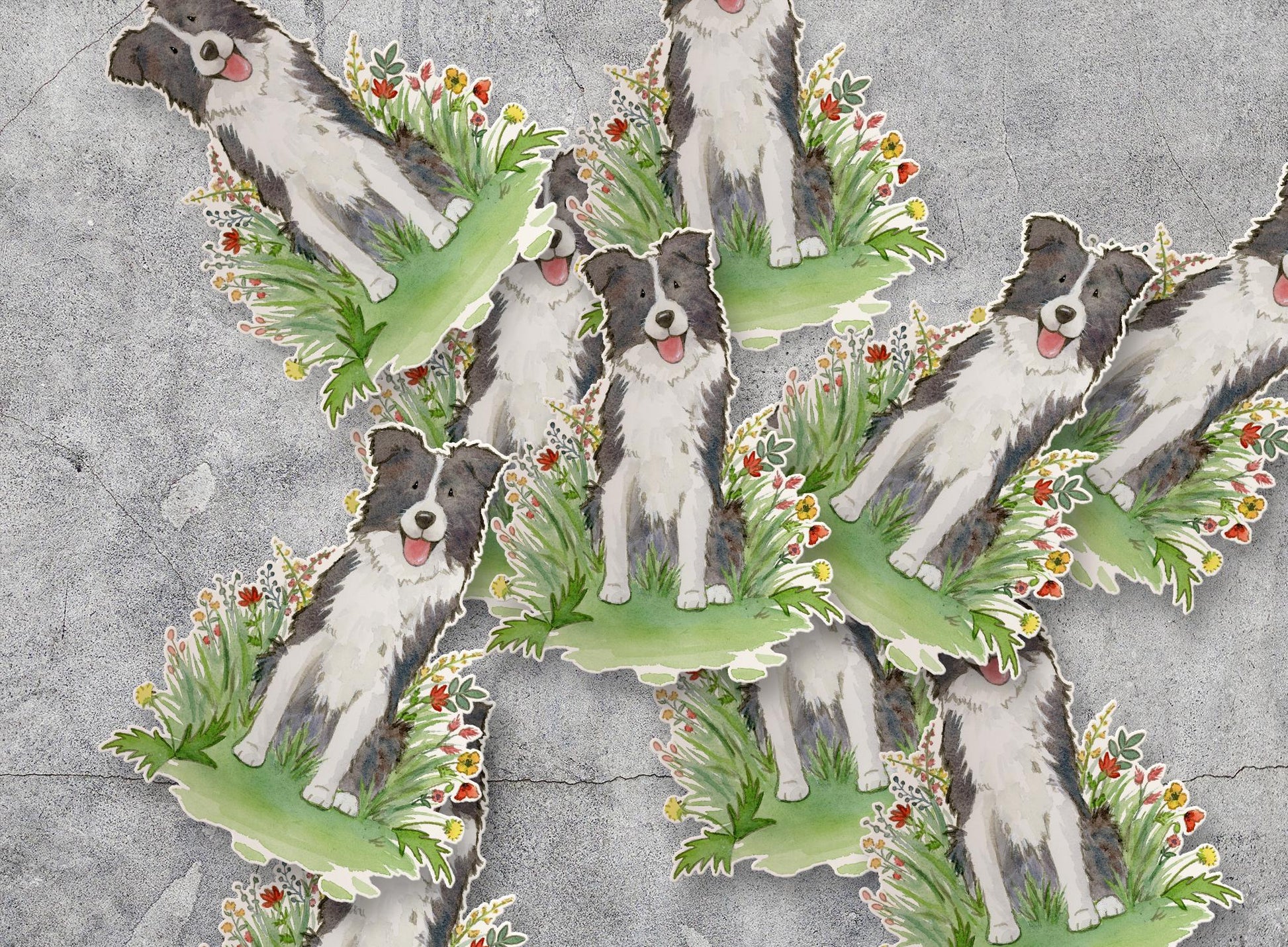 black and white border collie with flowers sticker