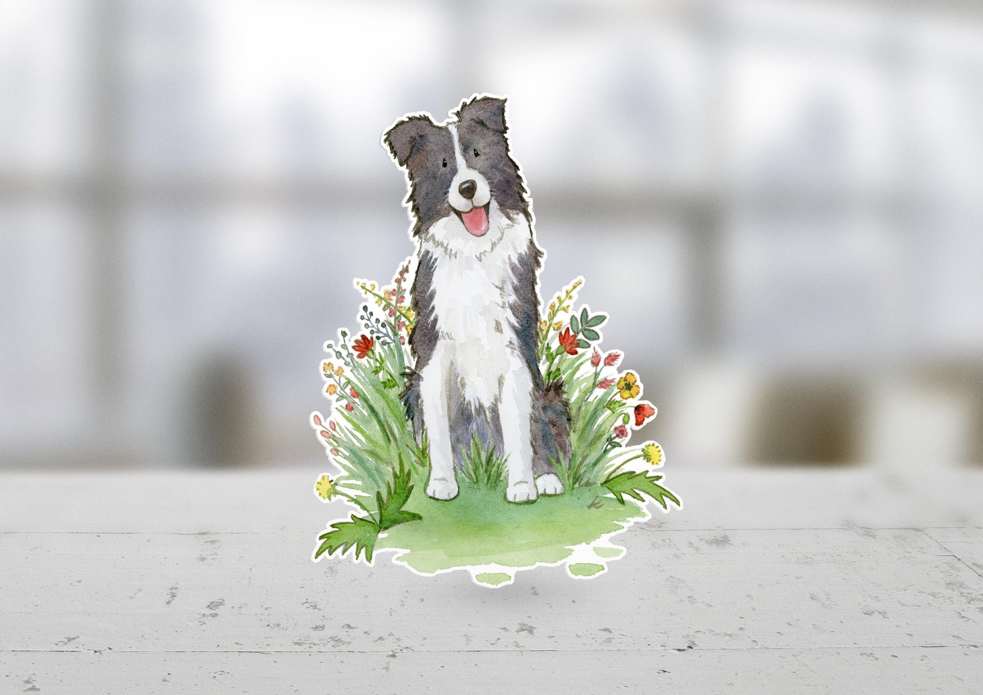 black and white border collie with flowers sticker