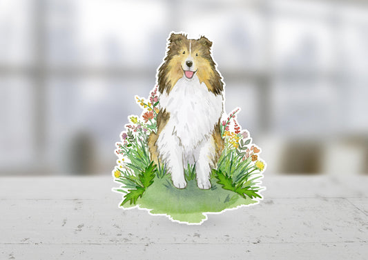 sable sheltie with flowers sticker