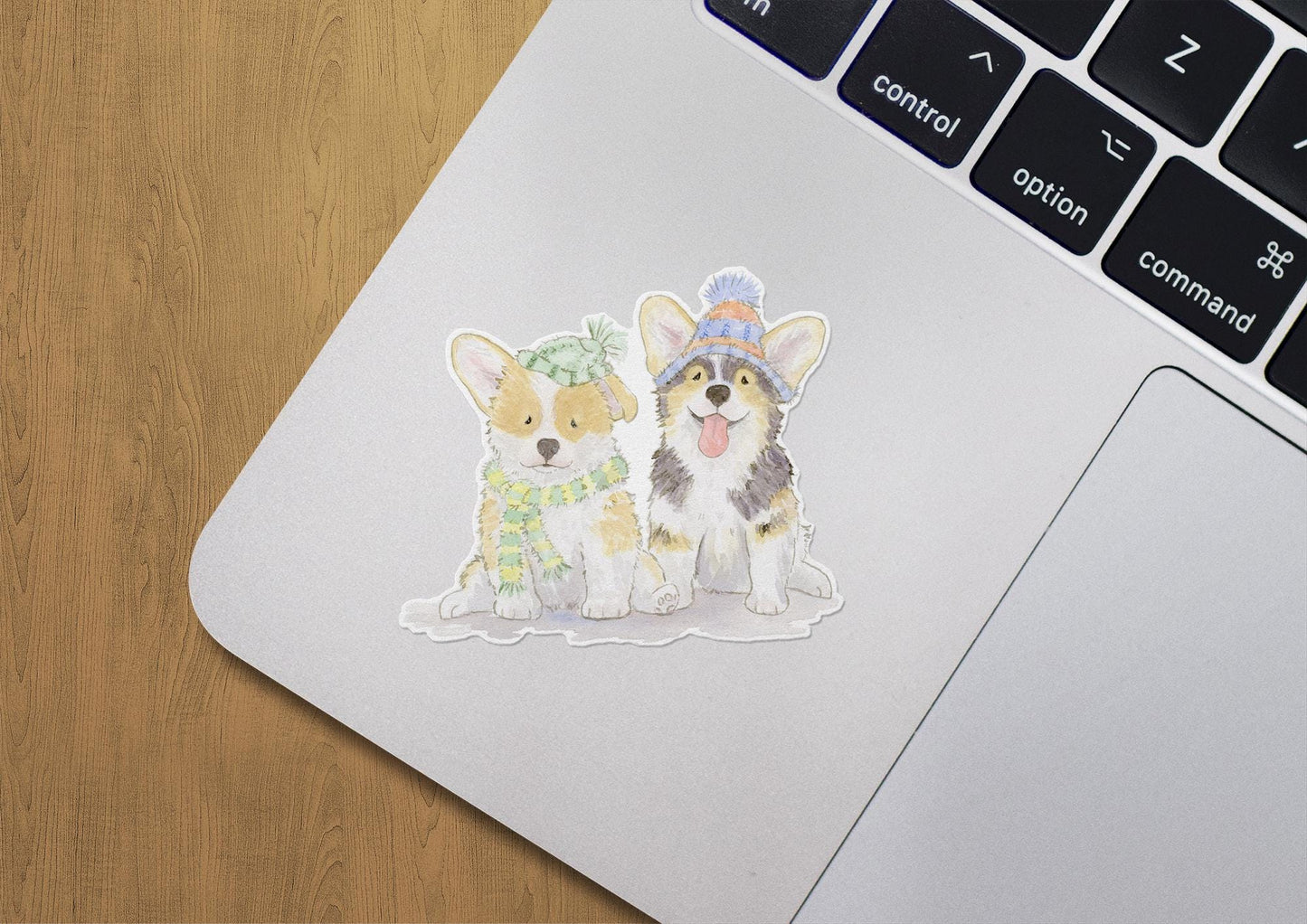 welsh corgi puppies wearing hats and scarves sticker