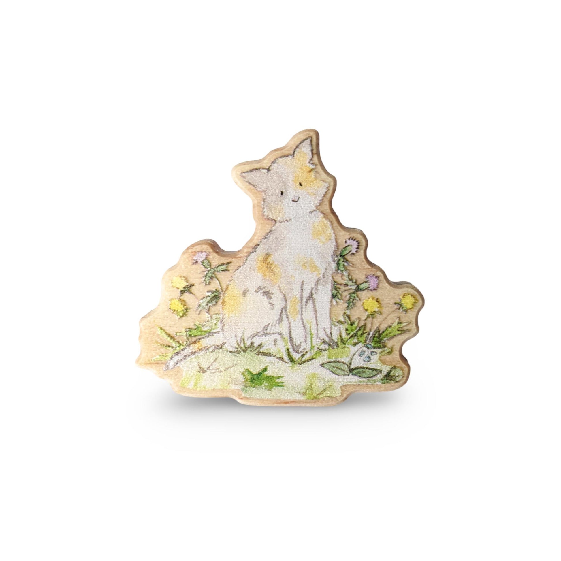 wooden calico cat with flowers pin