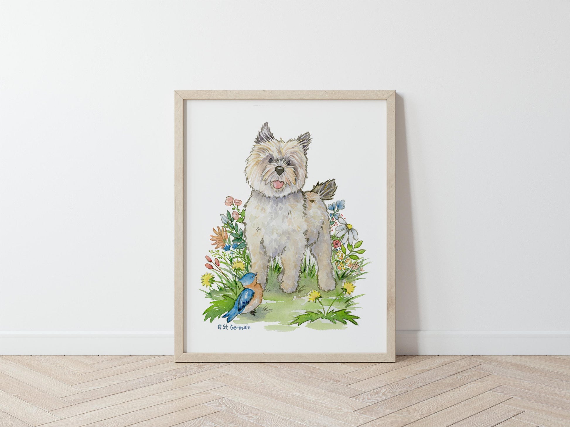 watercolor painting of cairn terrier puppy, bluebird, and colorful flowers