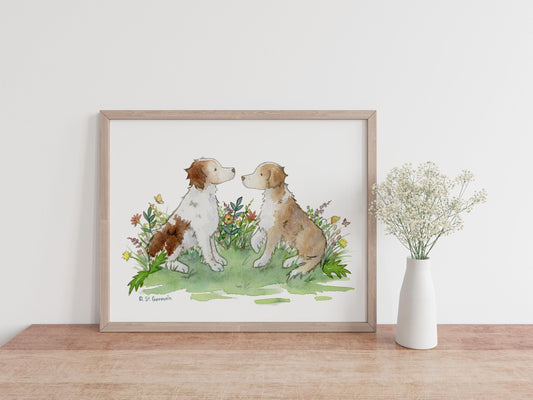 Brittany Spaniel Art, Toller Art, Nova Scotia Duck Tolling Retriever, Brittany Spaniel Gift, Dog Lover Gift, Puppy Nursery Art, Watercolor