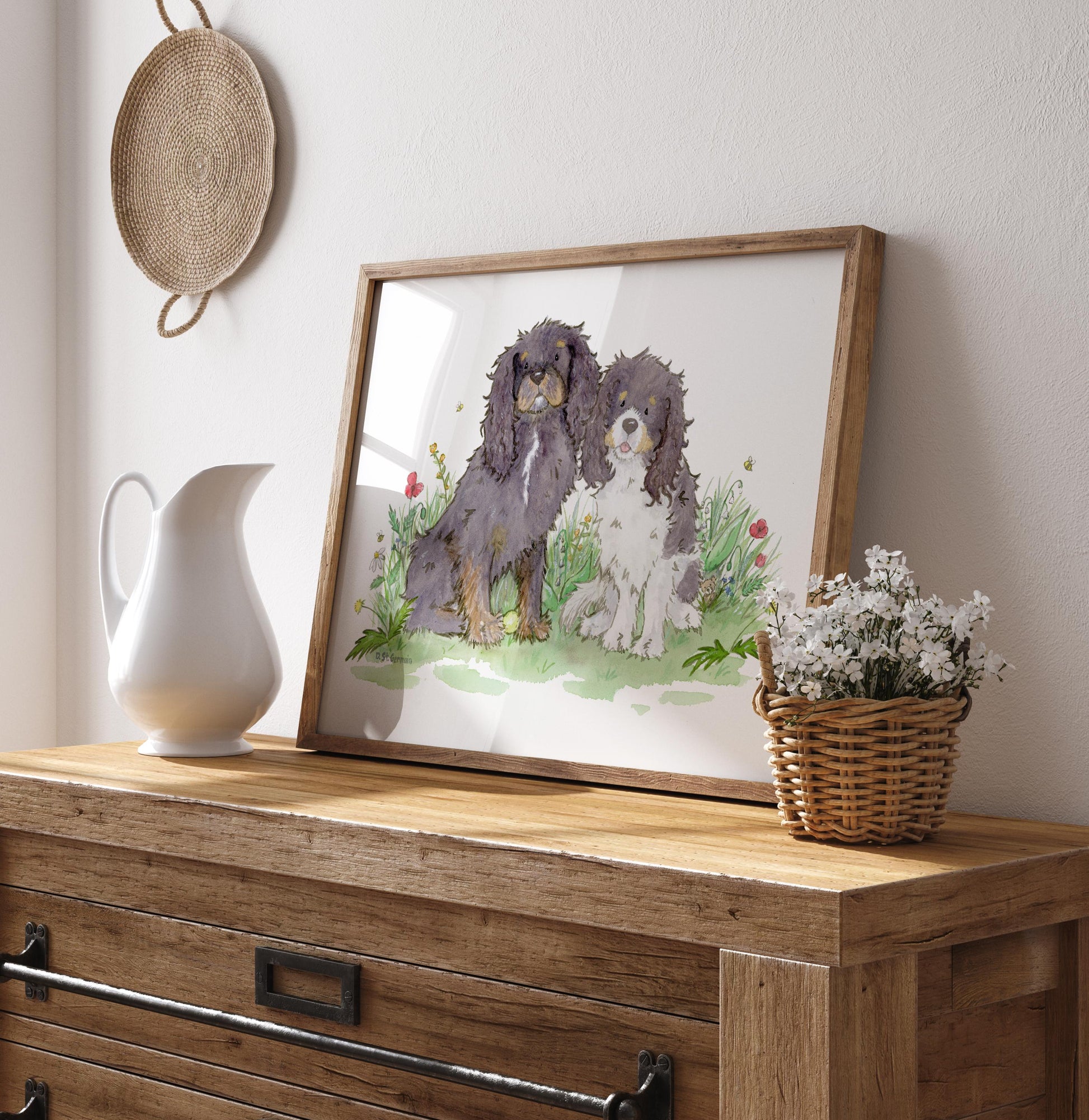 framed watercolor print of two cavalier King Charles spaniels and colorful flowers