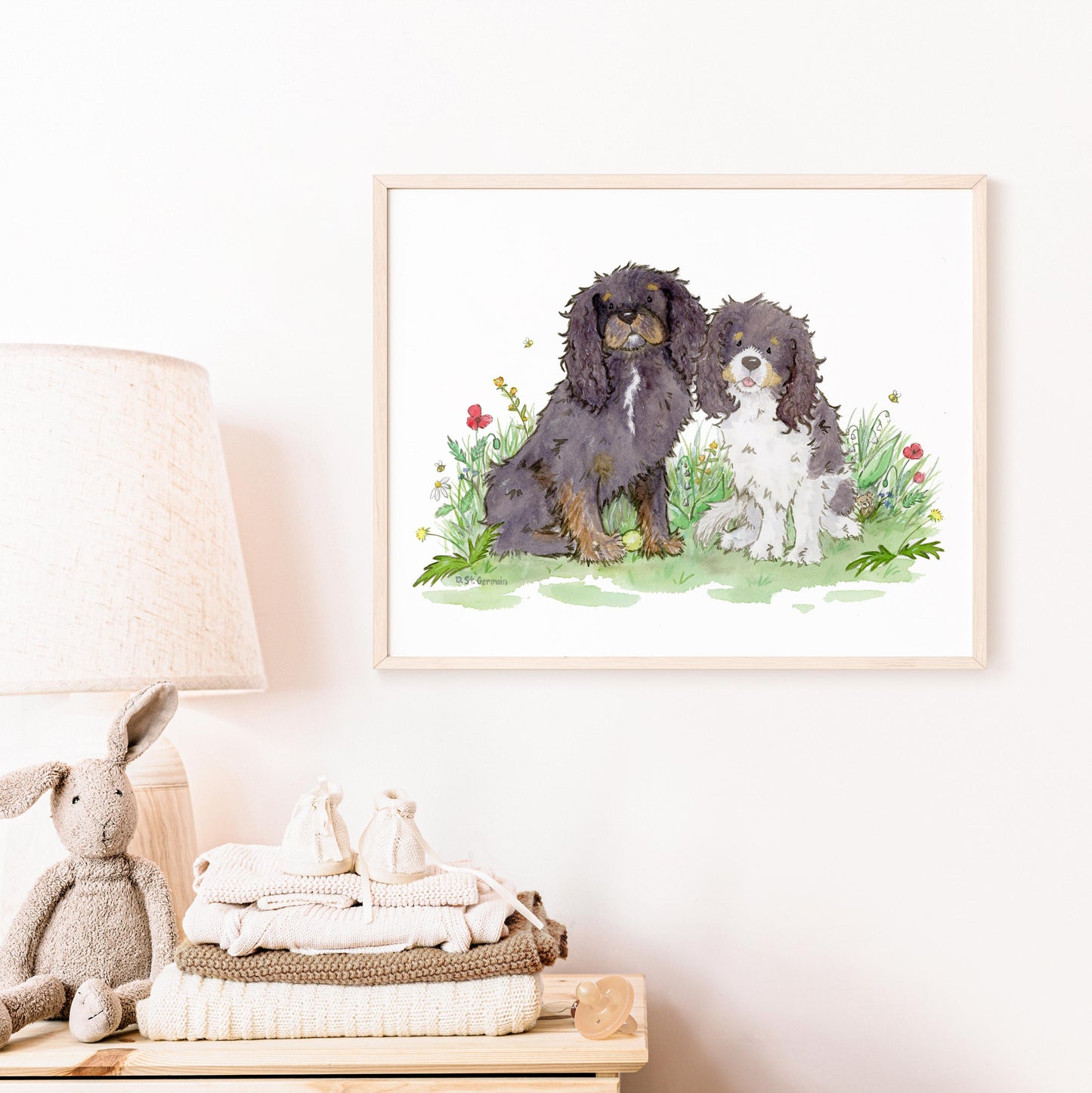 framed watercolor print of two cavalier King Charles spaniels and colorful flowers