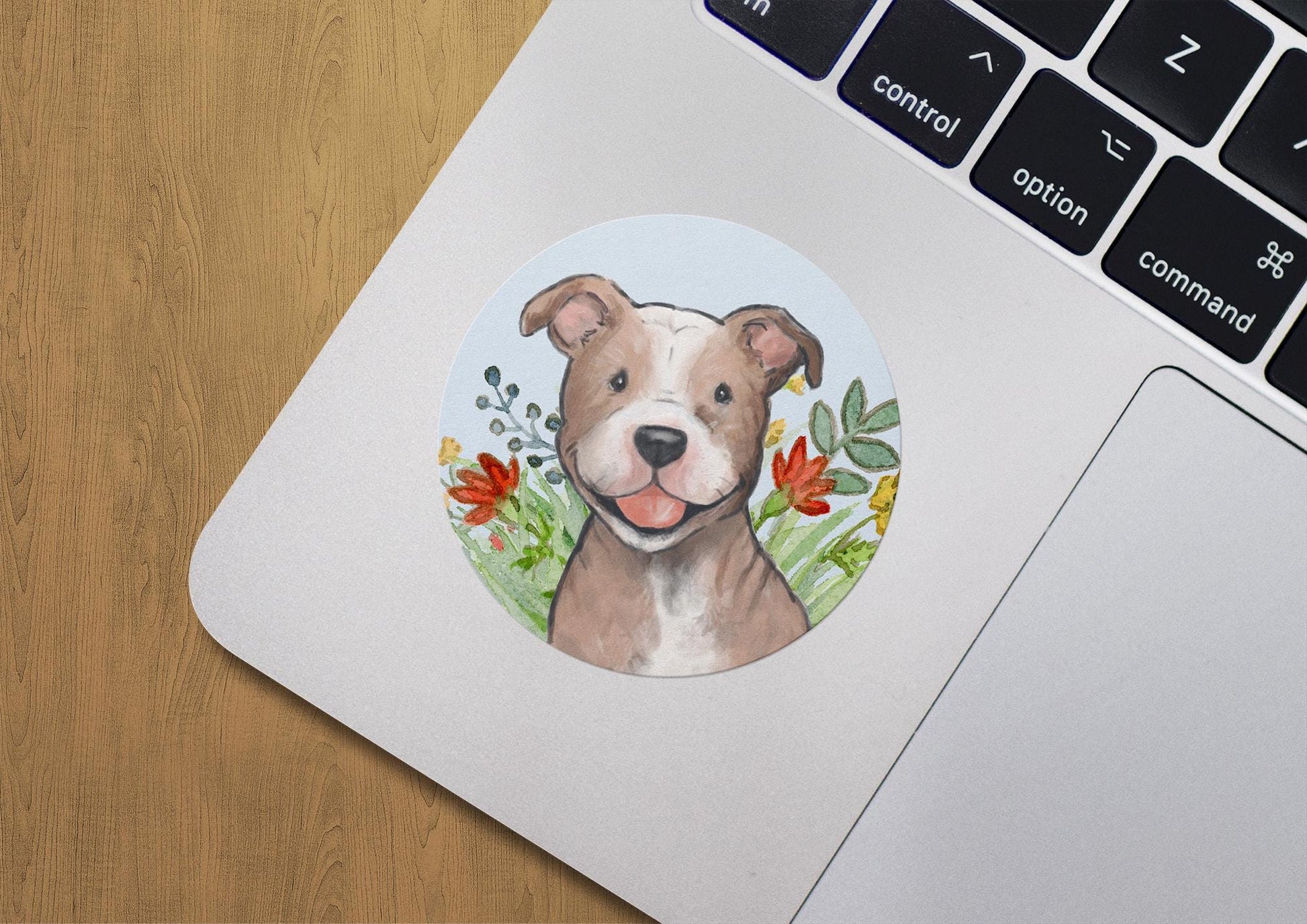 Circle sticker with a happy pitbull dog and flowers on a light blue background.