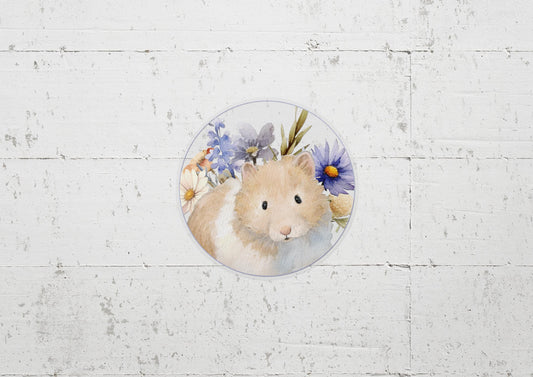 gold and white syrian hamster with blue and purple flowers sticker