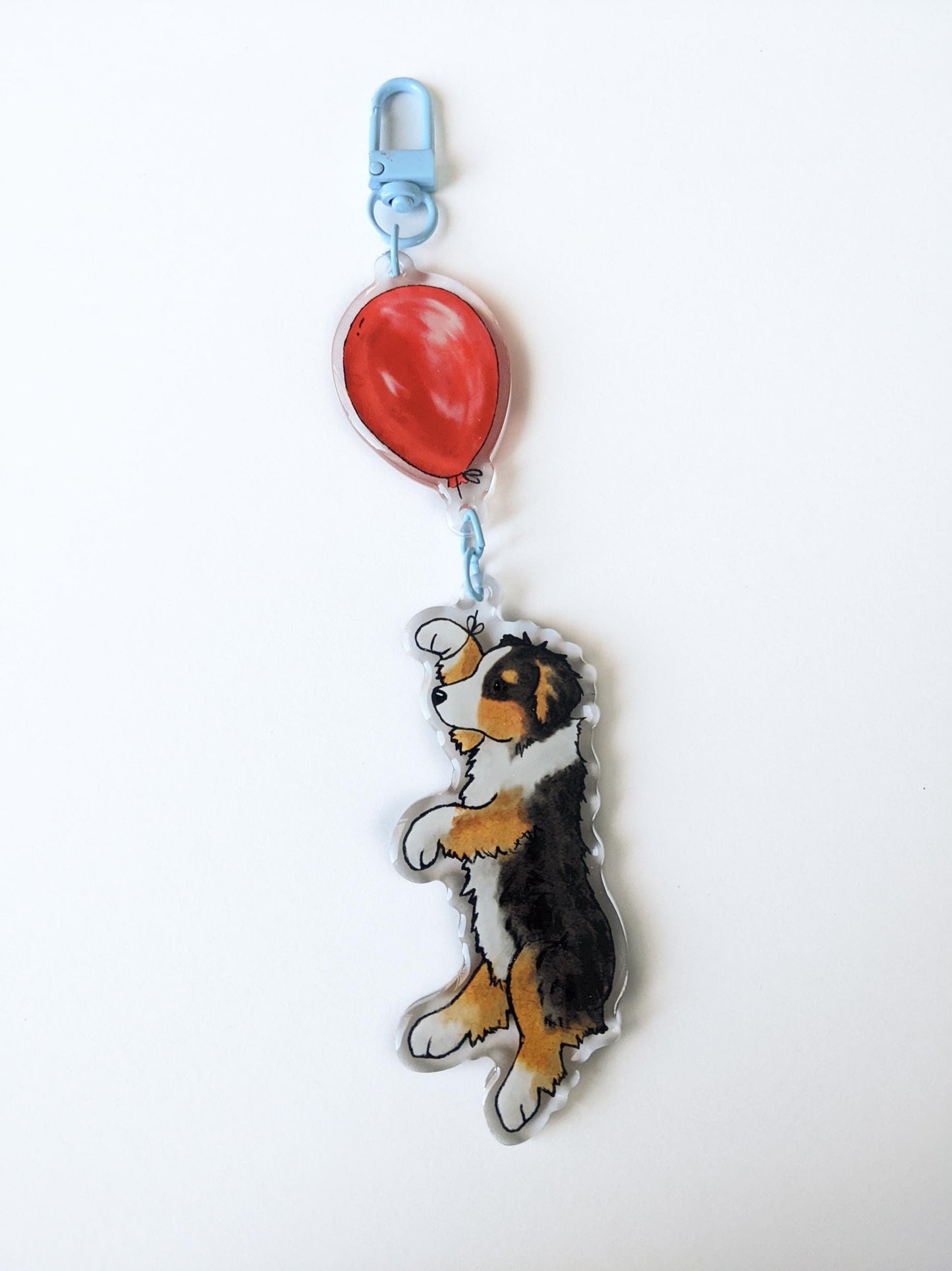 Acrylic Aussie Keychain, Aussie with Balloon, Australian Shepherd Gift, Red Merle, Tri, Blue Merle