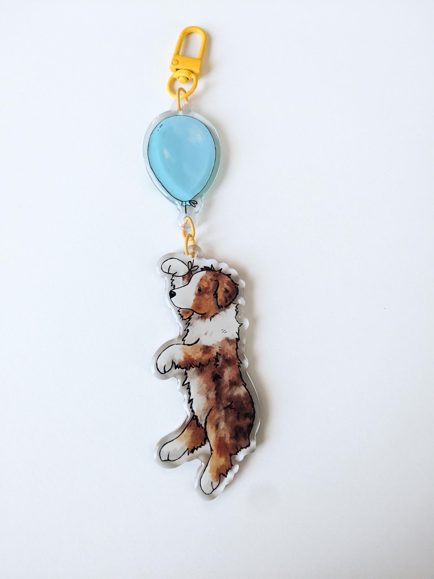 Acrylic Aussie Keychain, Aussie with Balloon, Australian Shepherd Gift, Red Merle, Tri, Blue Merle