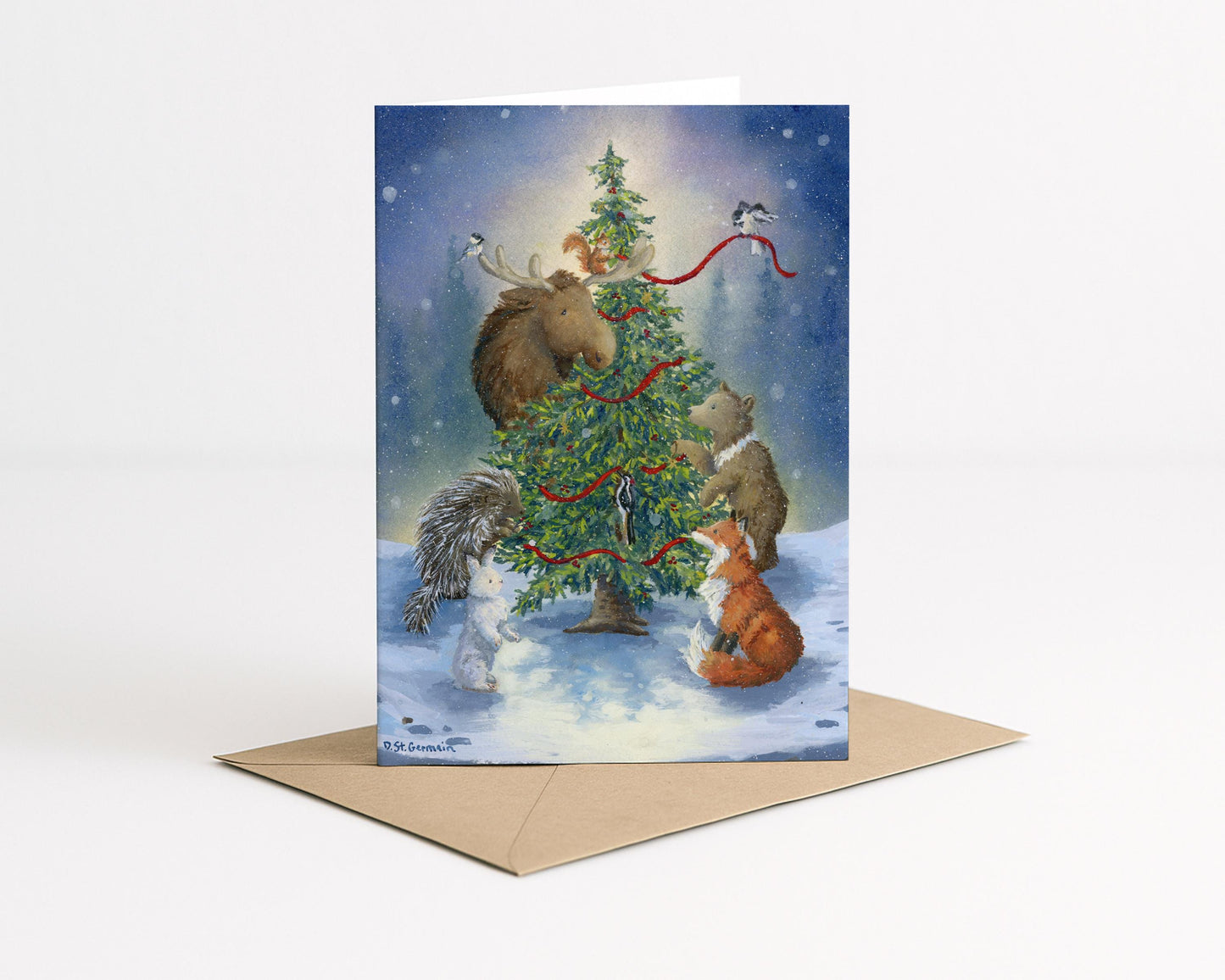 Set of Alaskan Christmas Cards, Woodland Holiday Cards, Alaskan Animals with Christmas tree