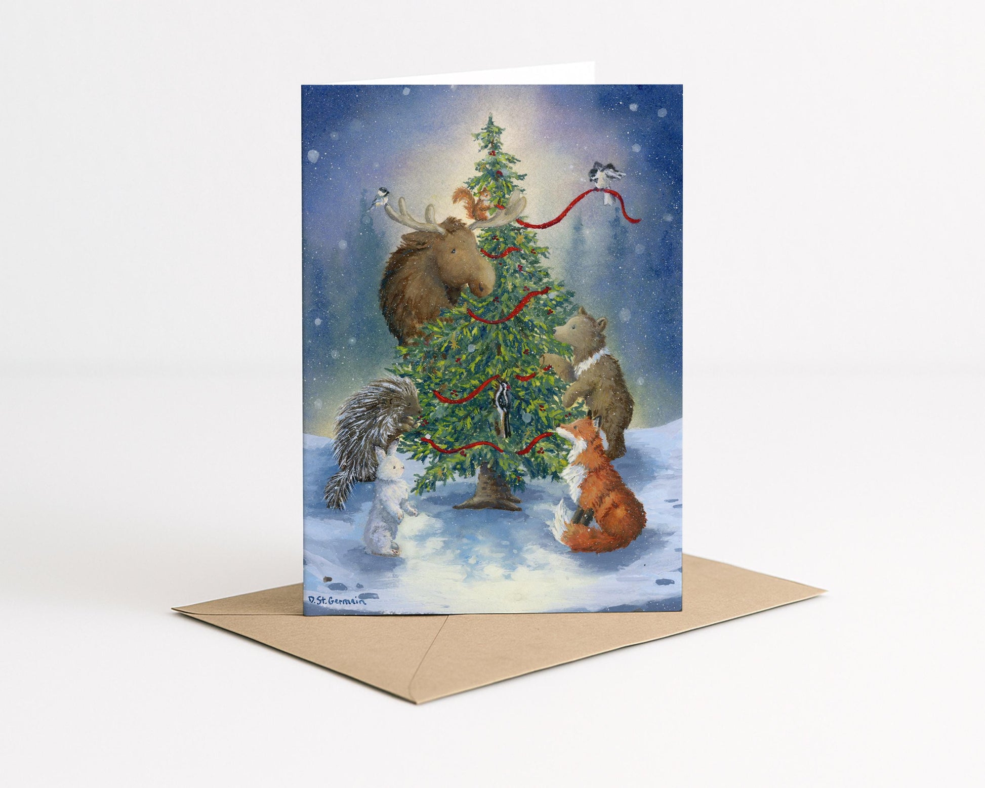 Set of Alaskan Christmas Cards, Woodland Holiday Cards, Alaskan Animals with Christmas tree