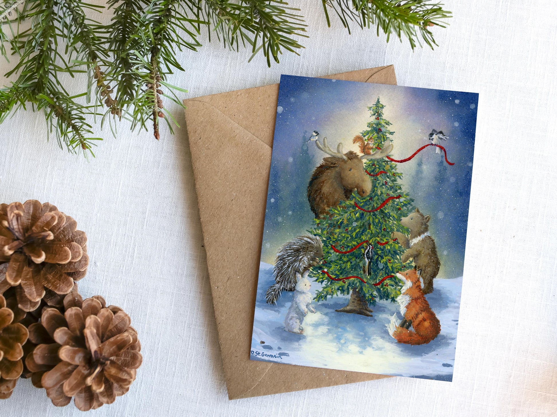 Set of Alaskan Christmas Cards, Woodland Holiday Cards, Alaskan Animals with Christmas tree