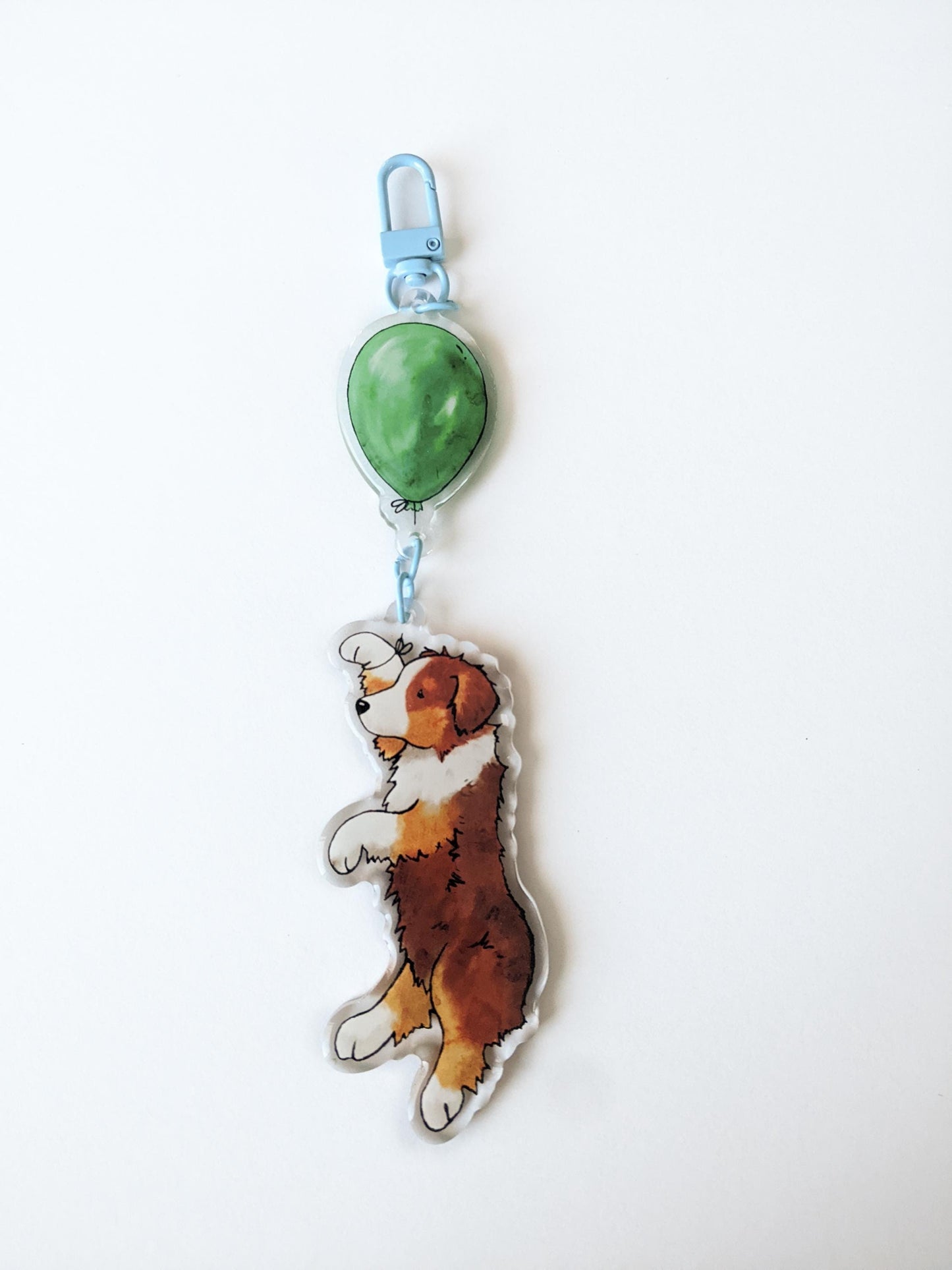 Acrylic Aussie Keychain, Aussie with Balloon, Australian Shepherd Gift, Red Merle, Tri, Blue Merle