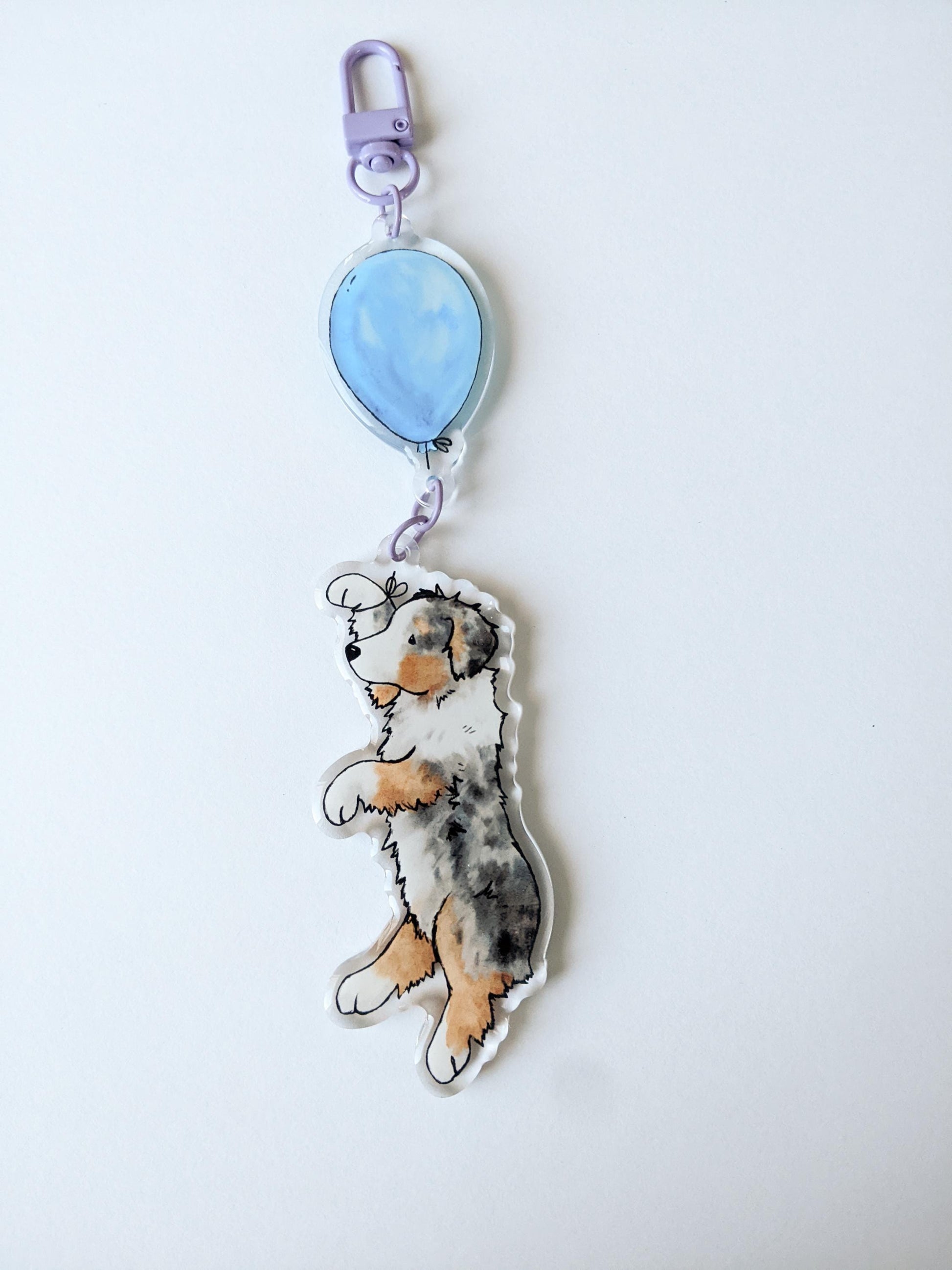 Acrylic Aussie Keychain, Aussie with Balloon, Australian Shepherd Gift, Red Merle, Tri, Blue Merle