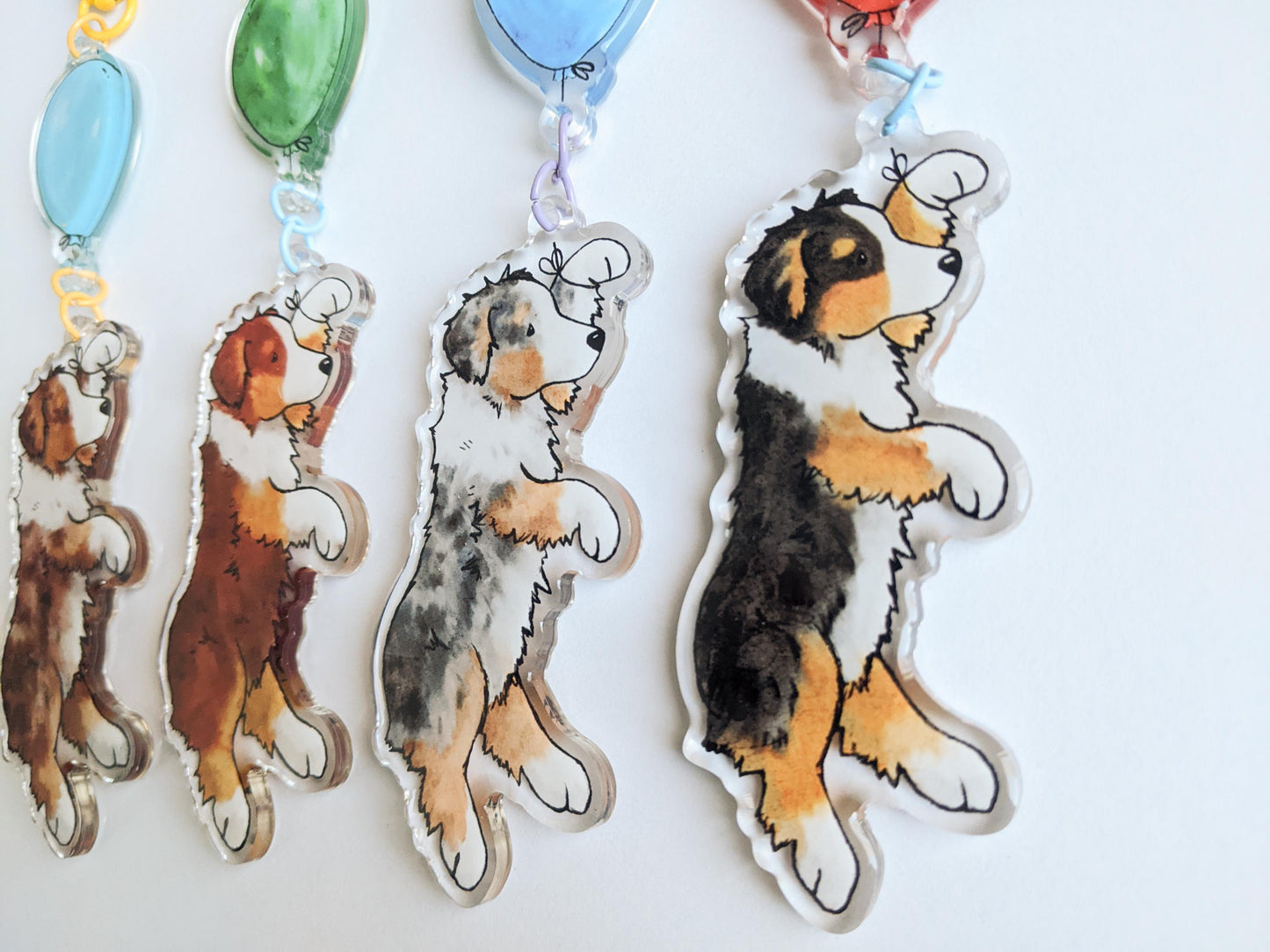 Acrylic Aussie Keychain, Aussie with Balloon, Australian Shepherd Gift, Red Merle, Tri, Blue Merle