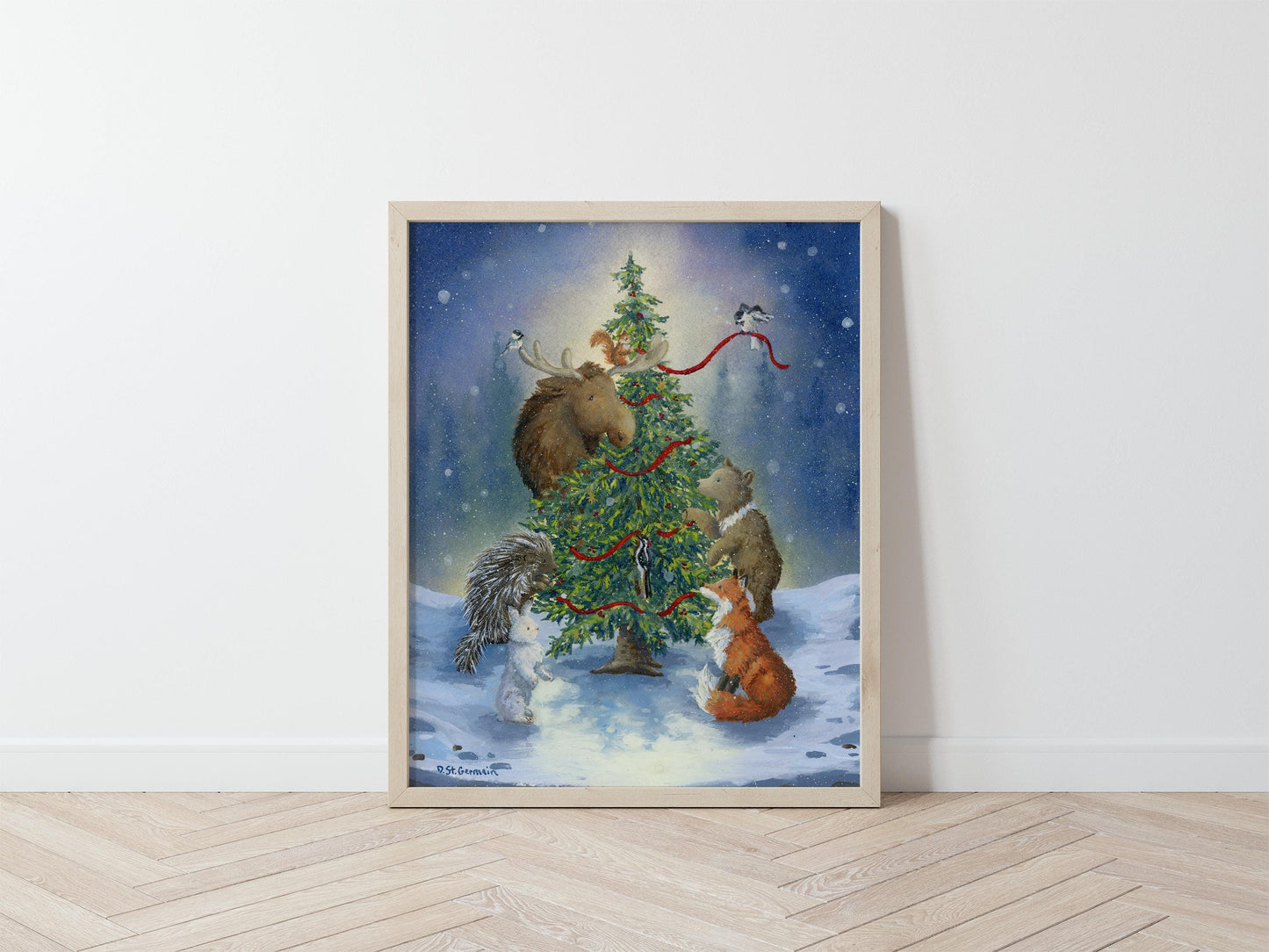 Alaskan Holiday Art, Woodland Animals with Christmas Tree, Gouache Print, Holiday Decor, Gift from Alaska