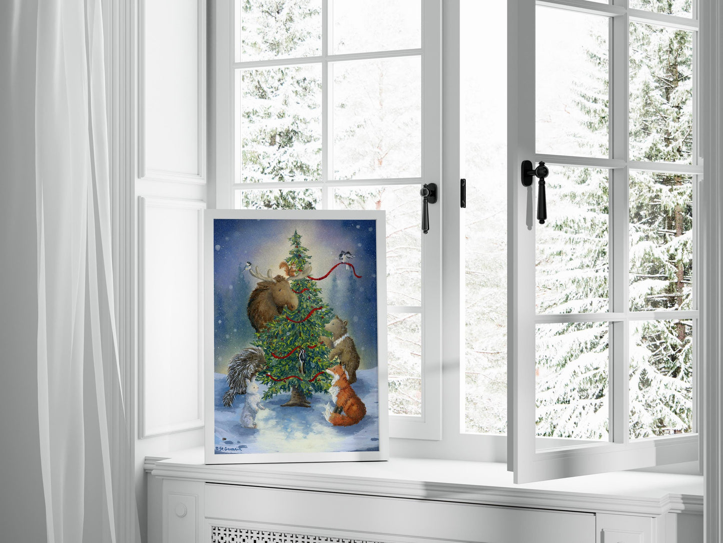 Alaskan Holiday Art, Woodland Animals with Christmas Tree, Gouache Print, Holiday Decor, Gift from Alaska