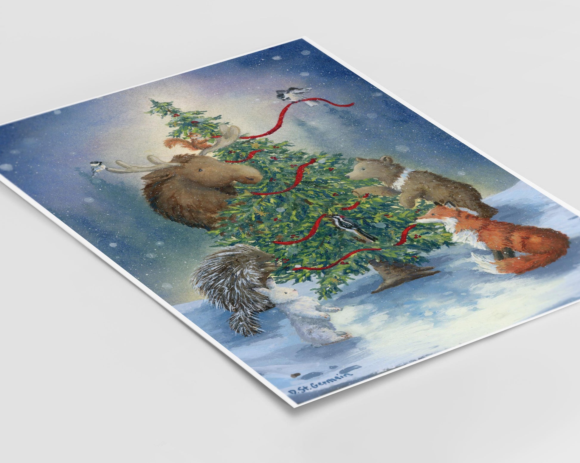 Alaskan Holiday Art, Woodland Animals with Christmas Tree, Gouache Print, Holiday Decor, Gift from Alaska