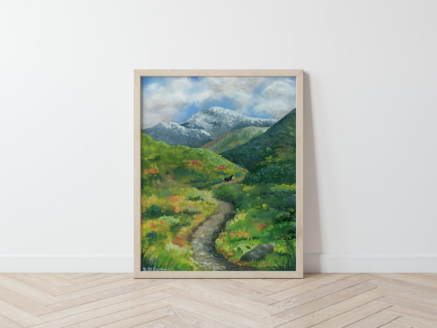 Framed colorful gouache landscape of Bernese Mountain Dog hiking on a trail in the Alaskan Mountains.