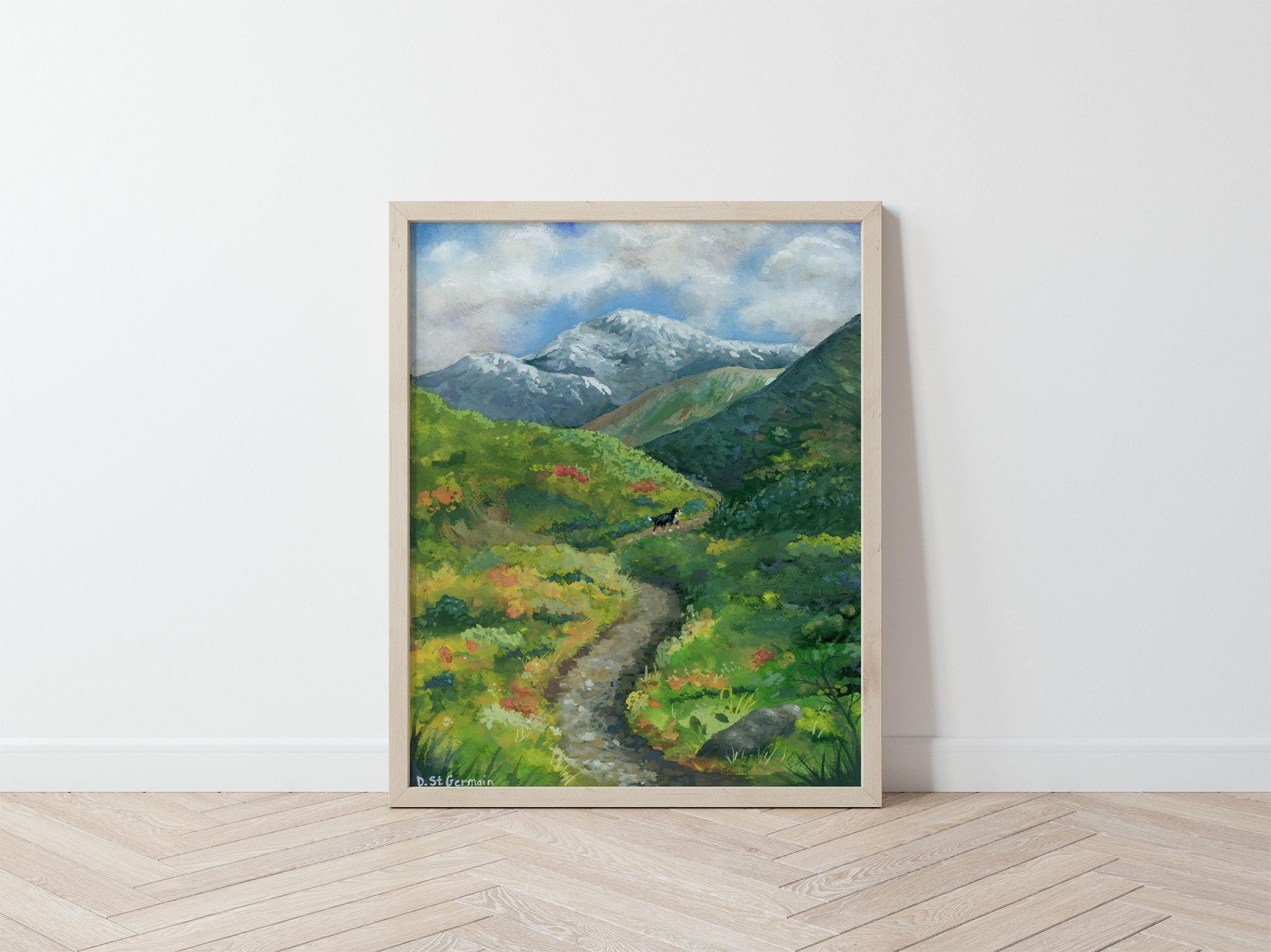 Framed colorful gouache landscape of Bernese Mountain Dog hiking on a trail in the Alaskan Mountains.