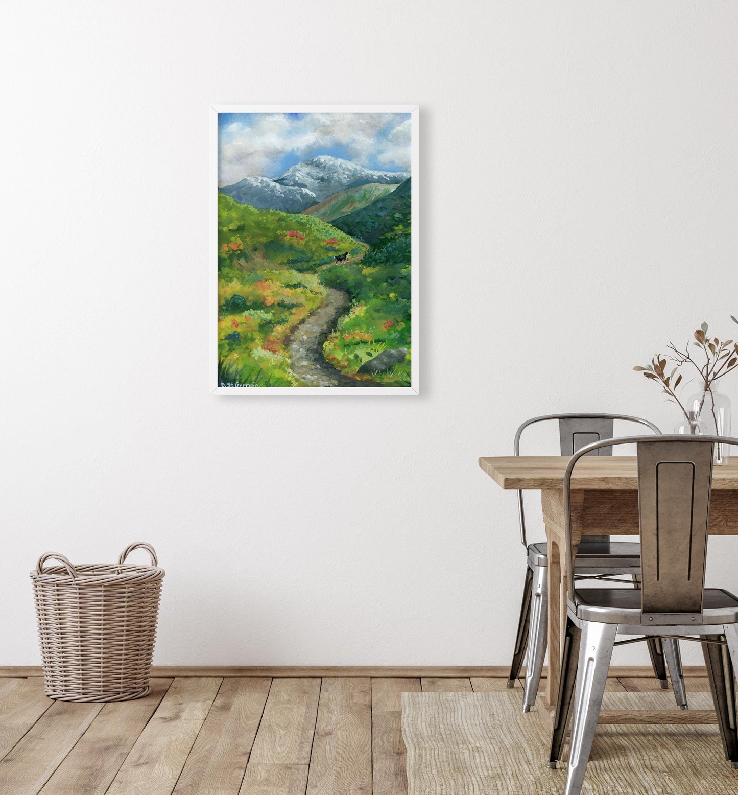 Framed colorful gouache landscape of Bernese Mountain Dog hiking on a trail in the Alaskan Mountains hanging in a dining room.