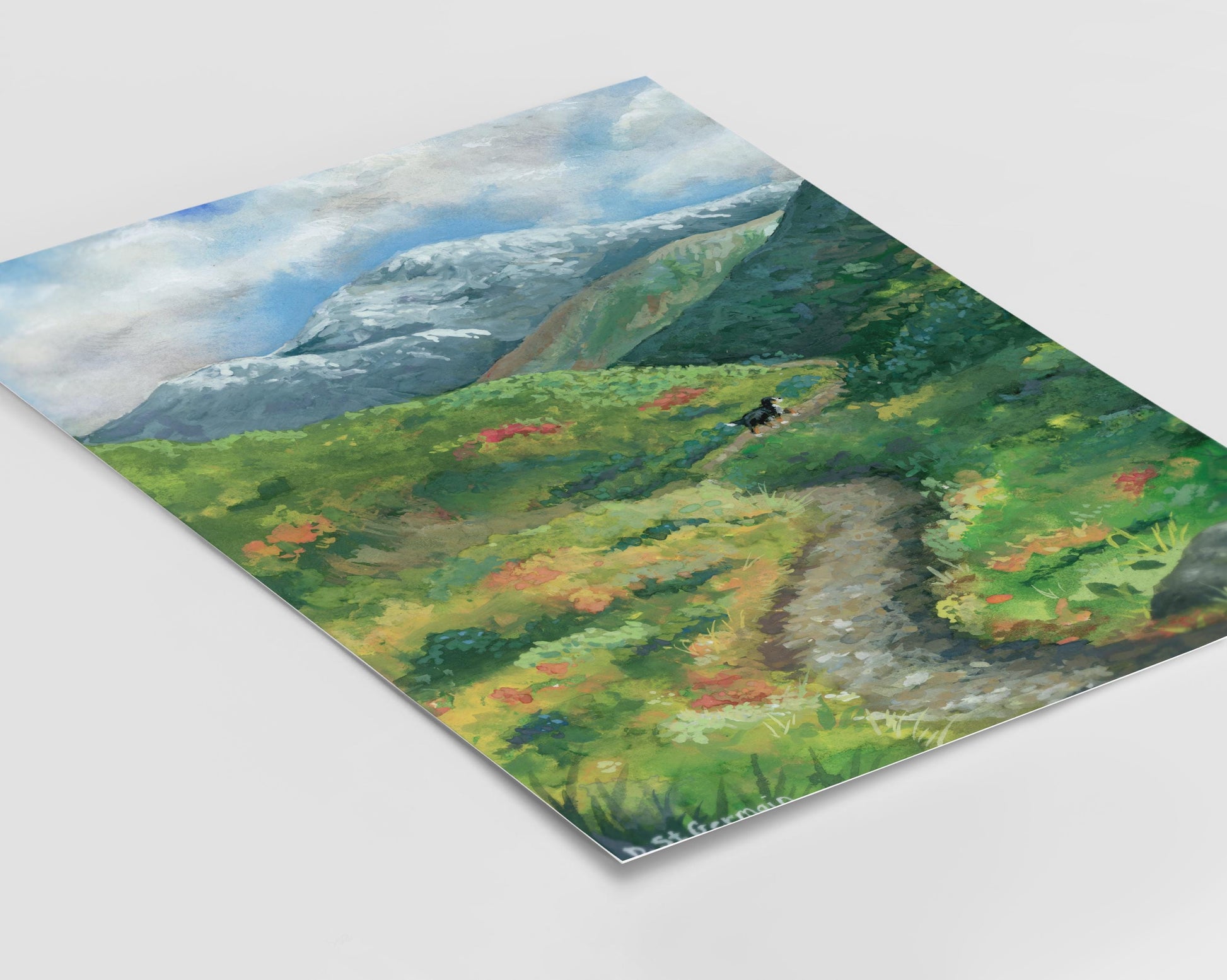 Print of a colorful gouache landscape of Bernese Mountain Dog hiking on a trail in the Alaskan Mountains.