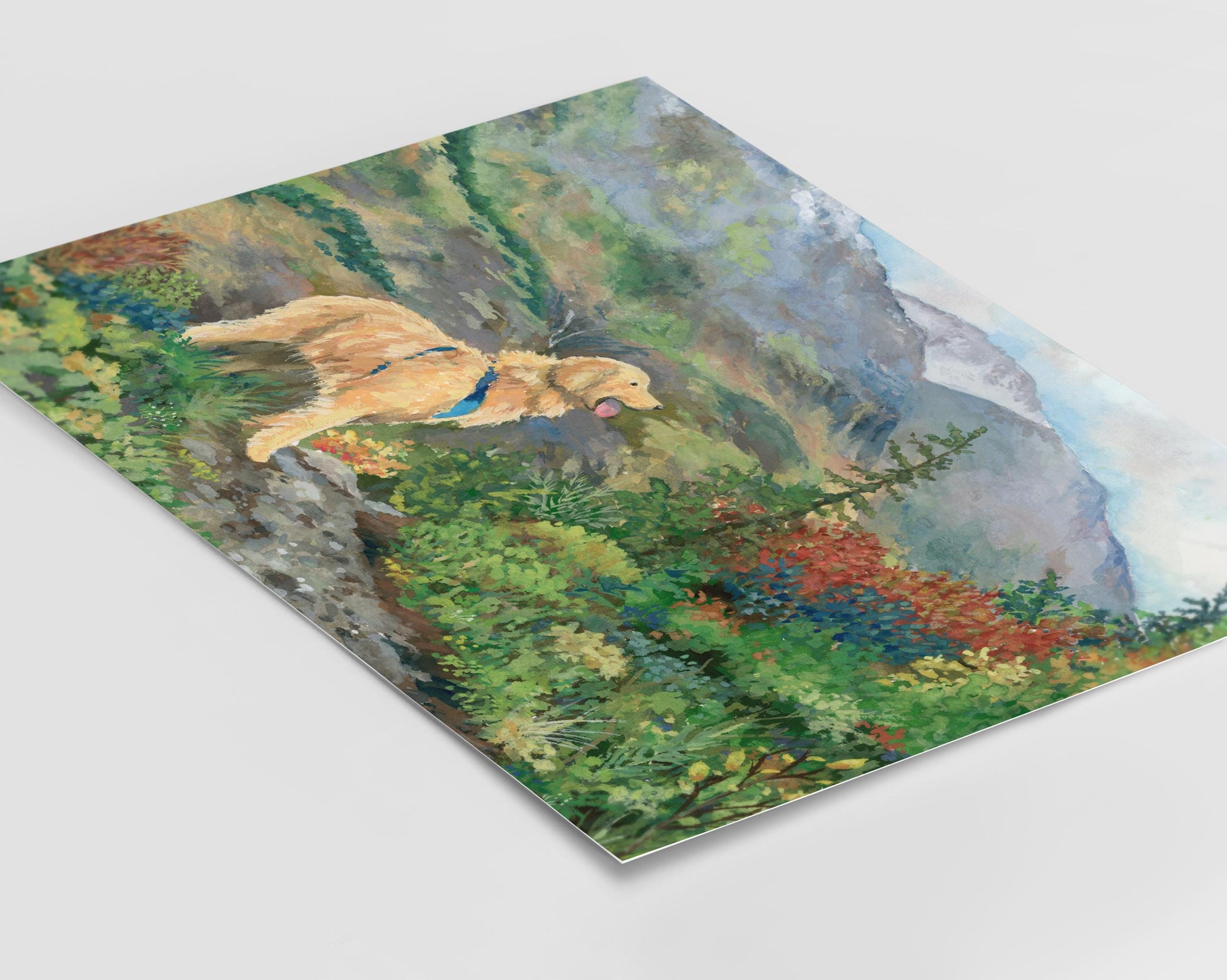 Golden Retriever Hiking in Alaska Gouache Giclee Print, Alaskan Mountain Landscape, Gift for Golden Lovers