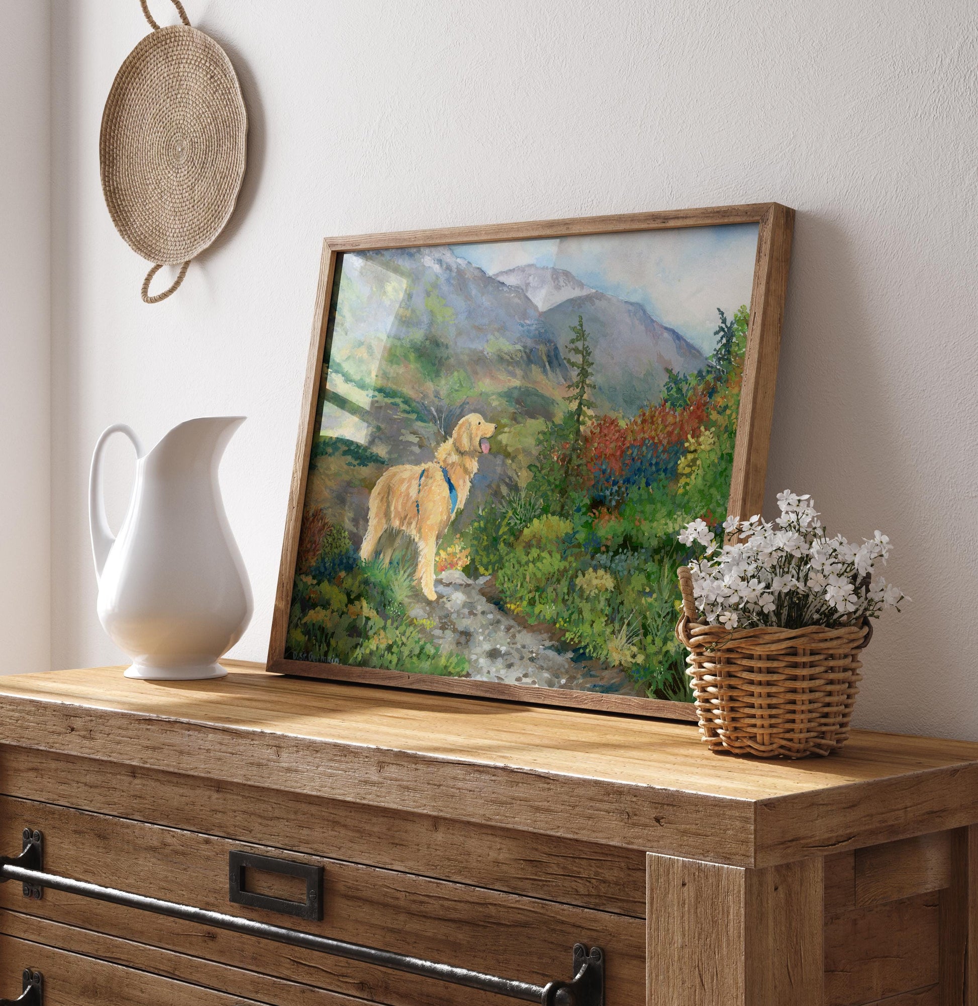 Golden Retriever Hiking in Alaska Gouache Giclee Print, Alaskan Mountain Landscape, Gift for Golden Lovers