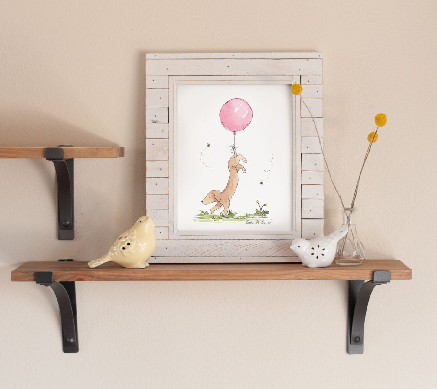 Dachshund with Pink Balloon Art Print, Puppy Nursery Art, Wiener Dog Gift
