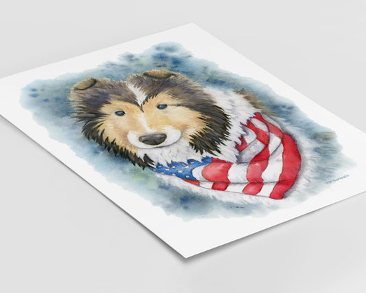 Watercolor painting of a dog wearing an American flag sweater on a white background