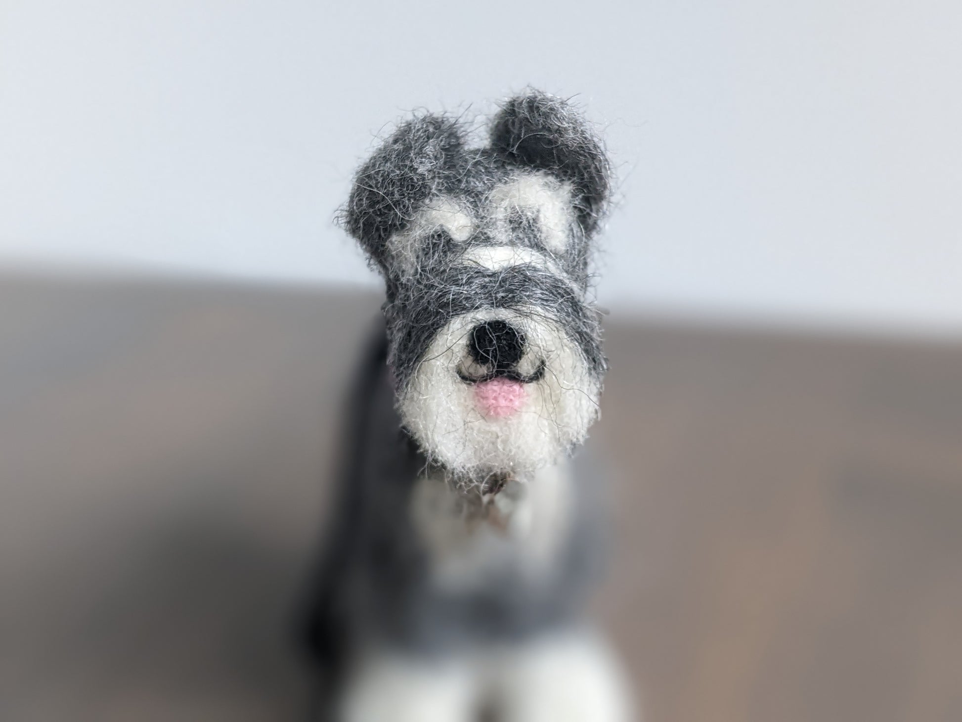 little gray schnauzer needle felted from alpaca wool face close up