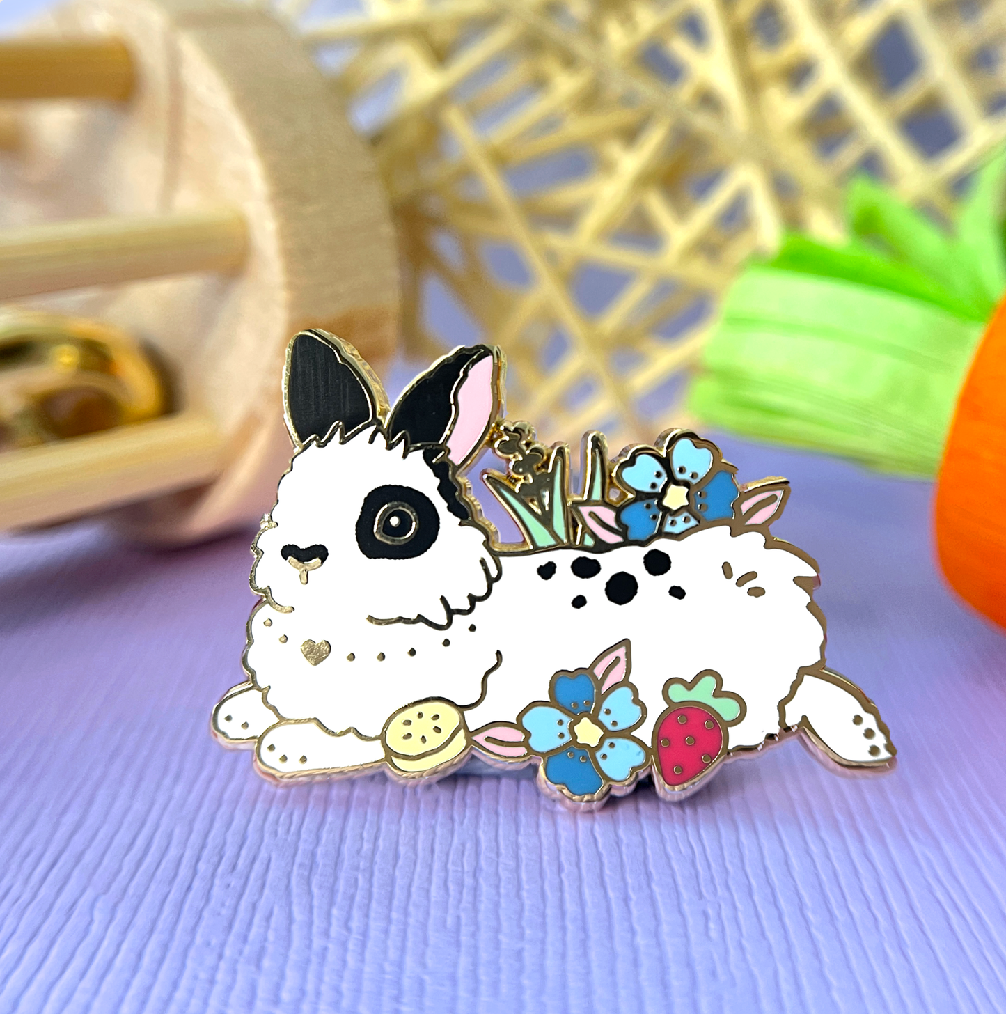 white and black lionhead rabbit pin