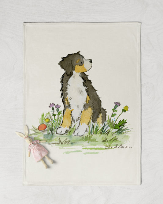 Bernese Baby Blanket, Cute Bernese Mountain Dog Blanket, Puppy Nursery Blanket - Jasper and Ruby Art