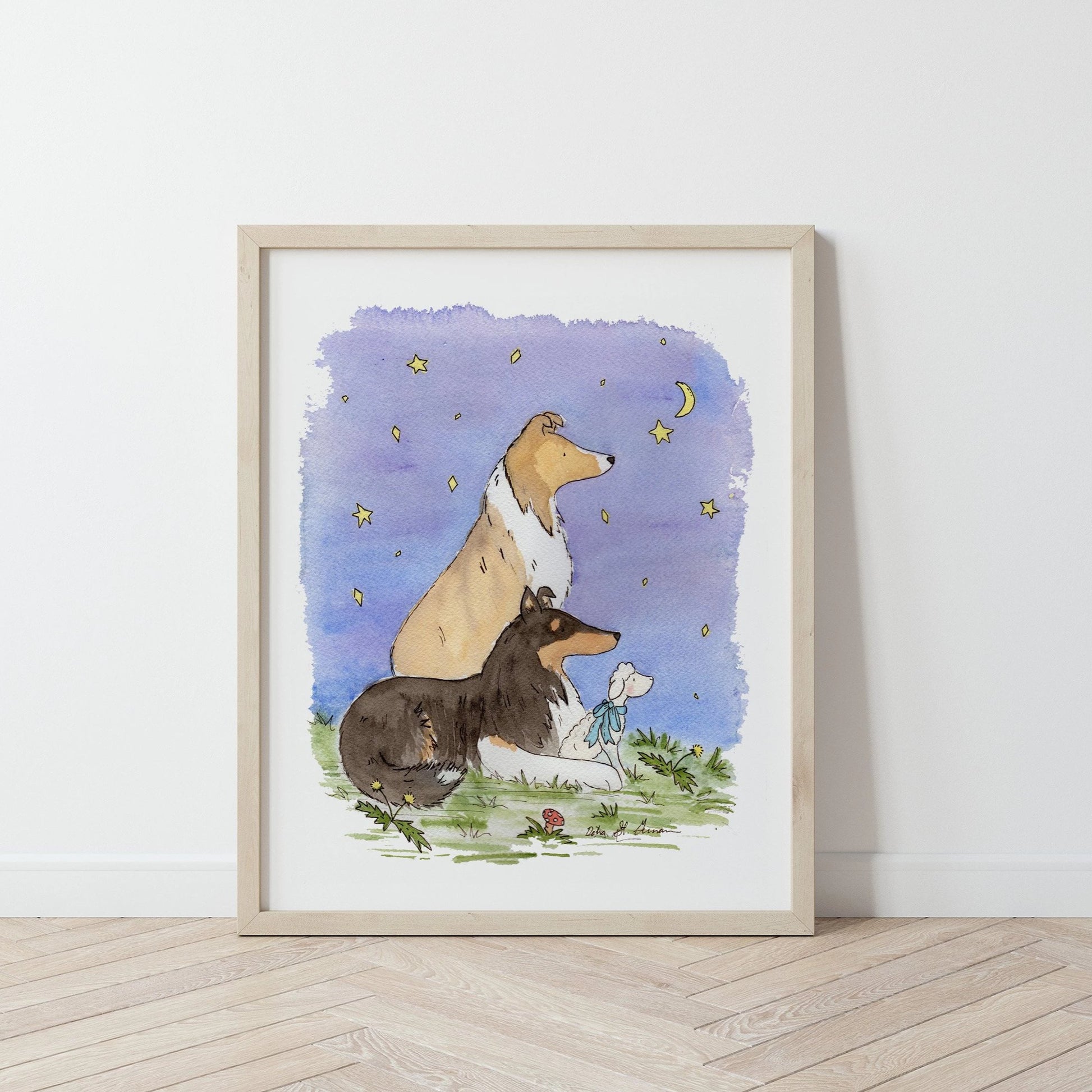 Collie Watercolor Print, Sable and Tricolor Collies, The Wishing Star 3 - Jasper and Ruby Art