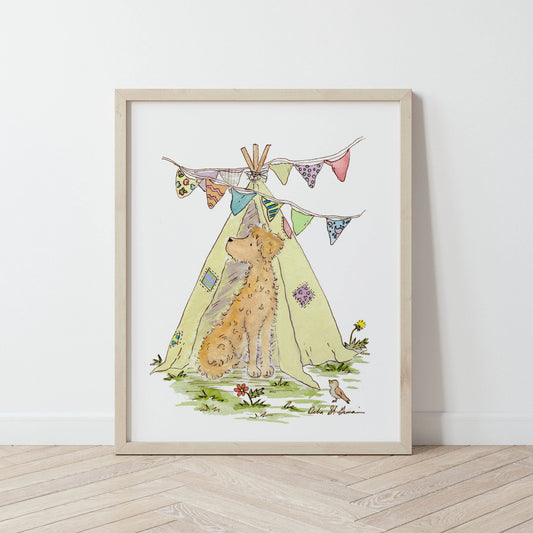 Doodle dog with Teepee Print, Watercolor Art Print - Jasper and Ruby Art
