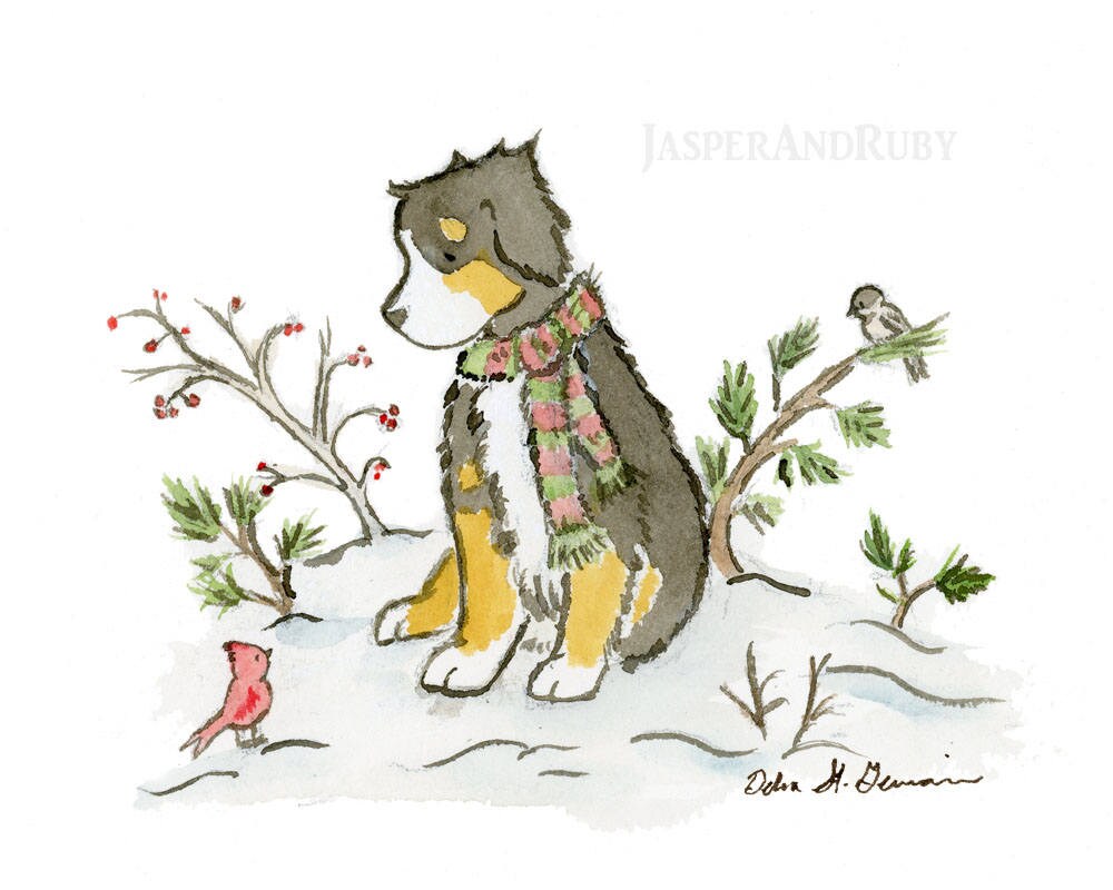 Bernese Mountain Dog Christmas Art Print, Bernese Art, Dog Holiday Art, Bernese Gift