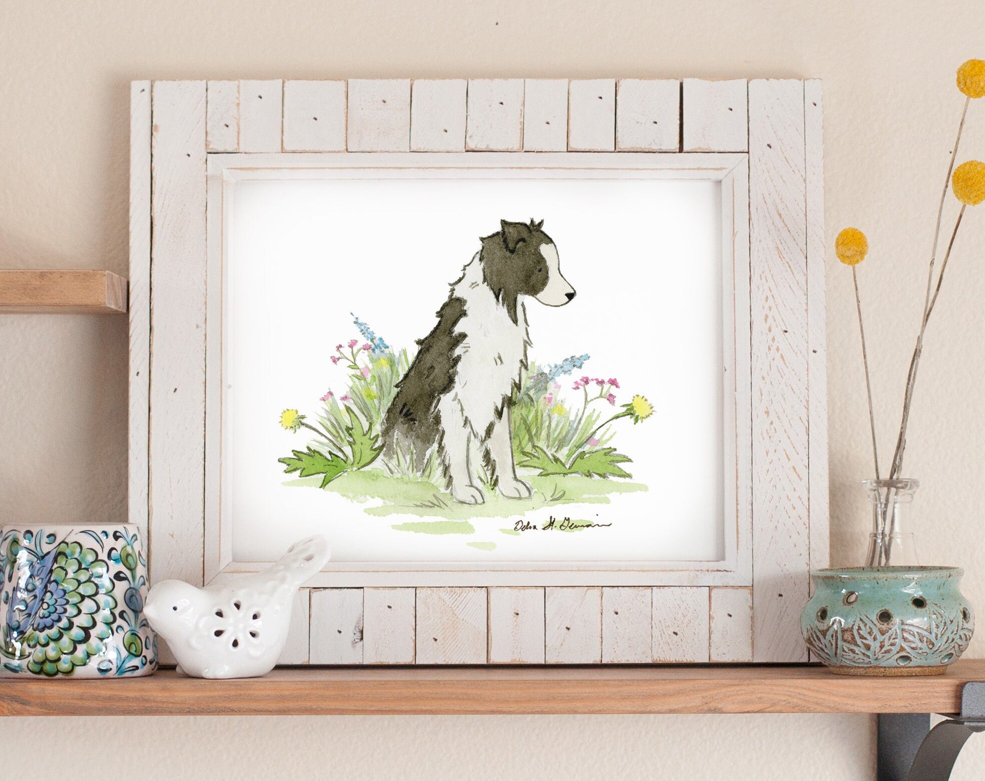 Adorable Border Collie Puppy in Basket With Toys Watercolor Canvas Print  Ready to Hang Multiple Sizes Available 