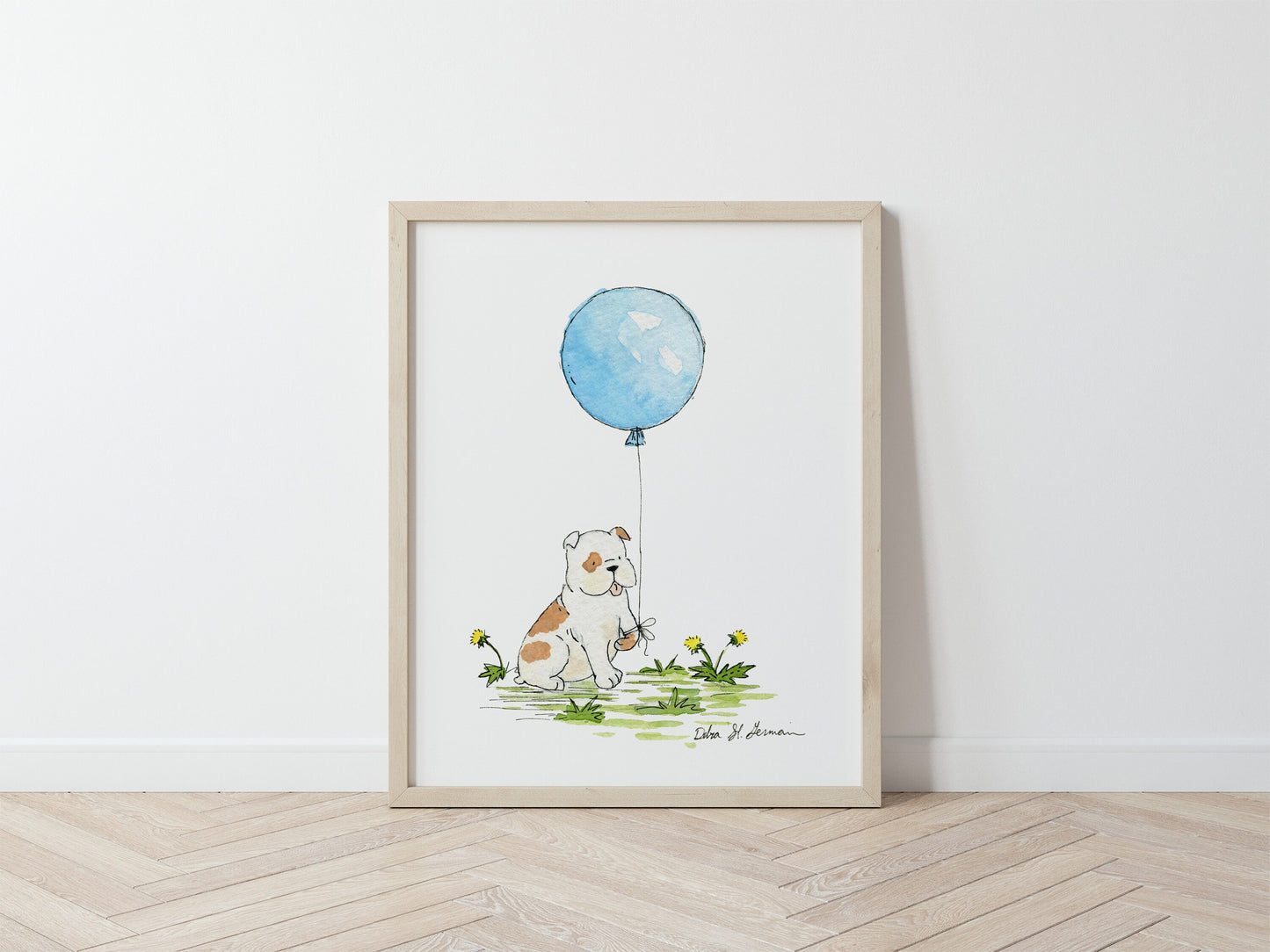 Bulldog Watercolor Illustration Print, Bulldog with Blue Balloon, Bulldog Nursery Art, Bulldog Gift