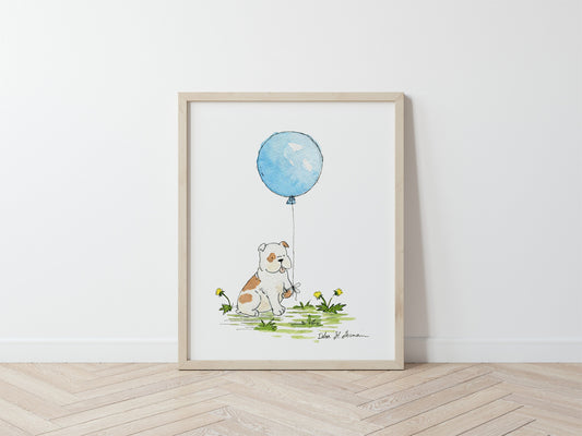 Bulldog Watercolor Illustration Print, Bulldog with Blue Balloon, Bulldog Nursery Art, Bulldog Gift