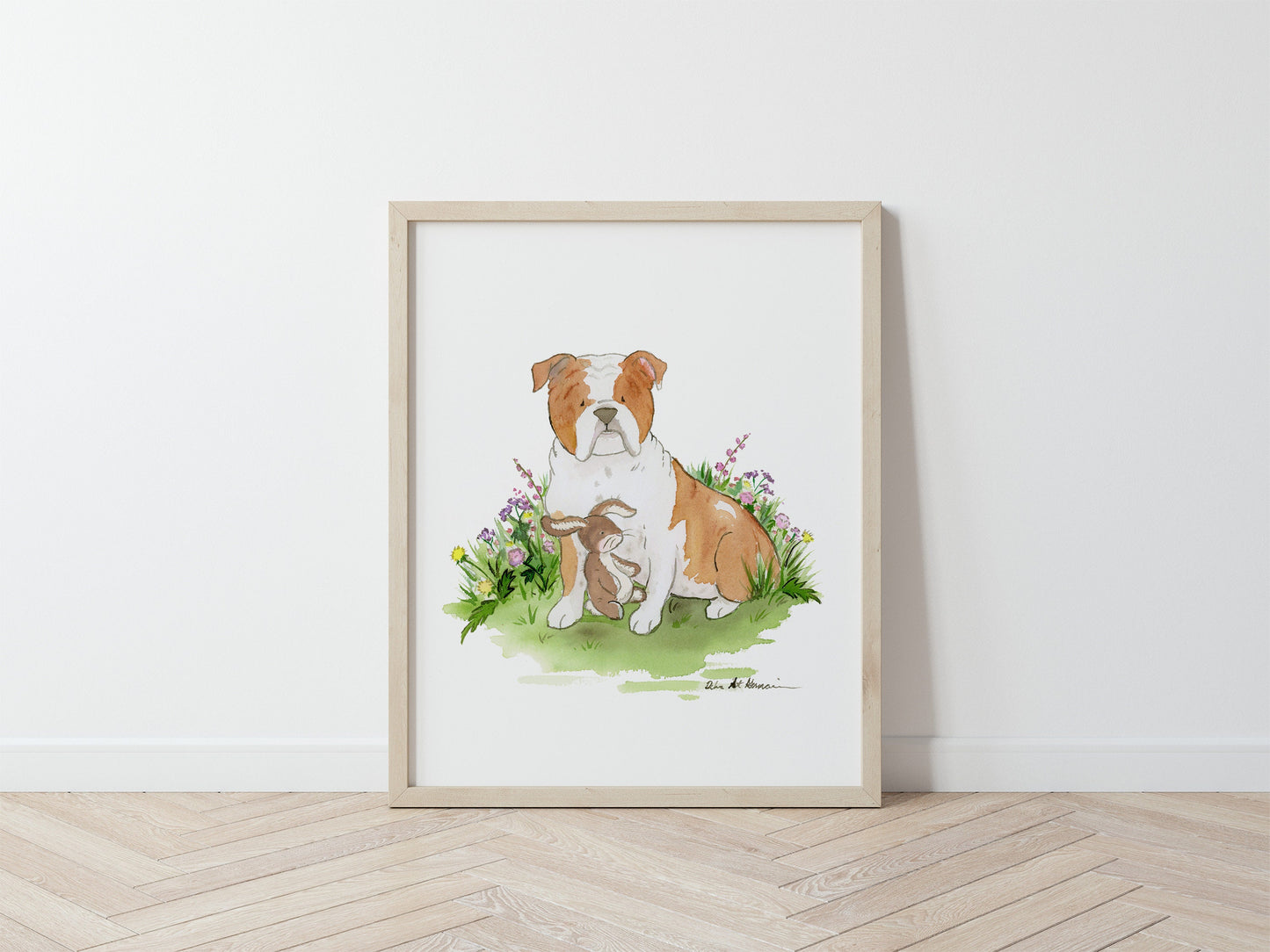 English Bulldog Watercolor Illustration Print, Bulldog with Bunny Art