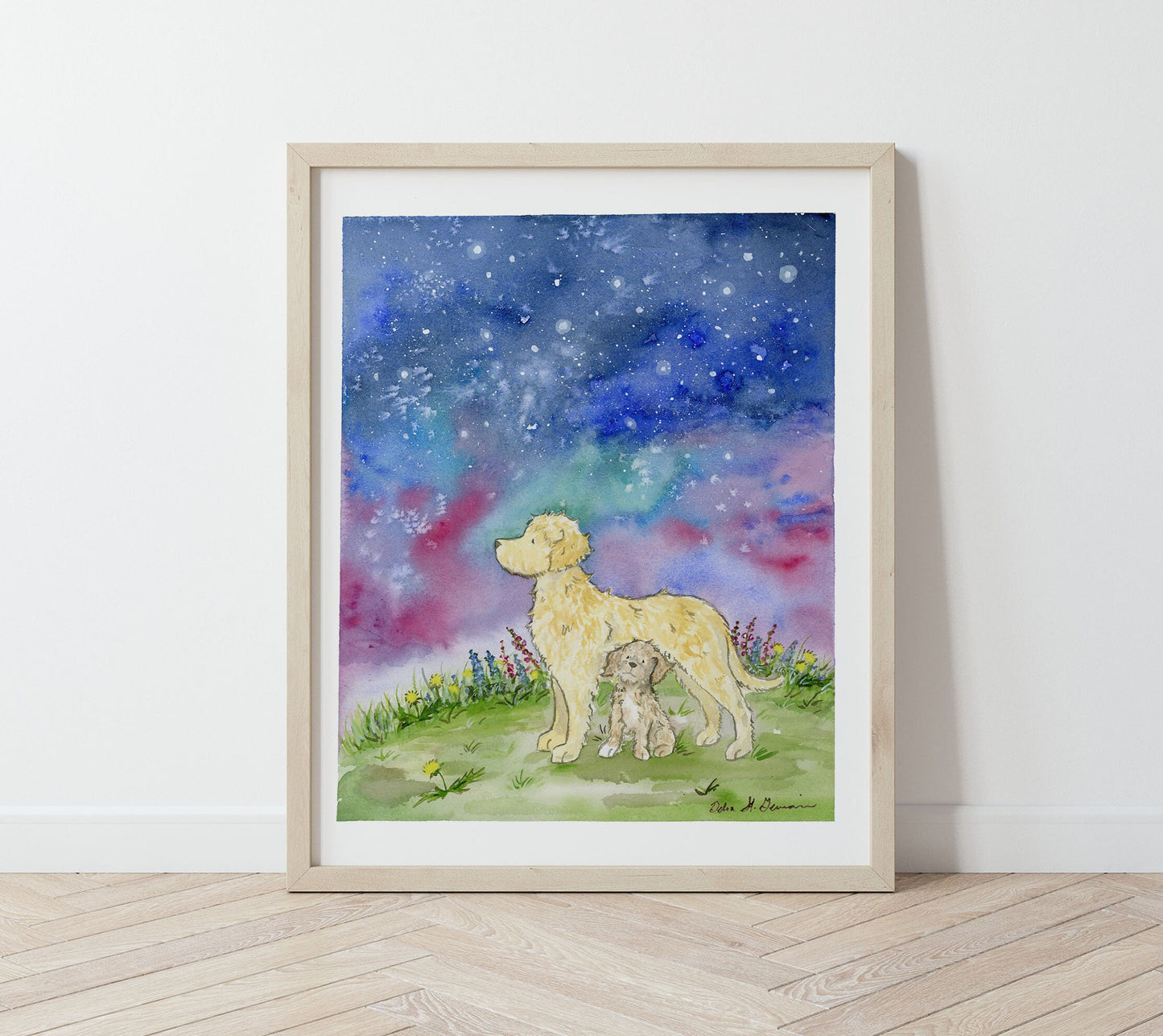 Labradoodle Art, Golden Doodle, Starry Skies, Star Gazing, Pet Portrait, Puppy Nursery Art, Watercolor Print, Children's Art, Moon and Stars