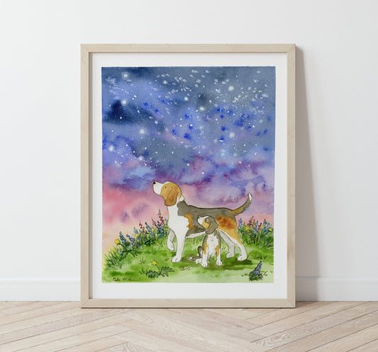 Beagle Art, Starry Skies, Beagle with Puppy Star Gazing, Pet Portrait, Puppy Nursery Art, Watercolor Print, Children's Art, Moon and Stars